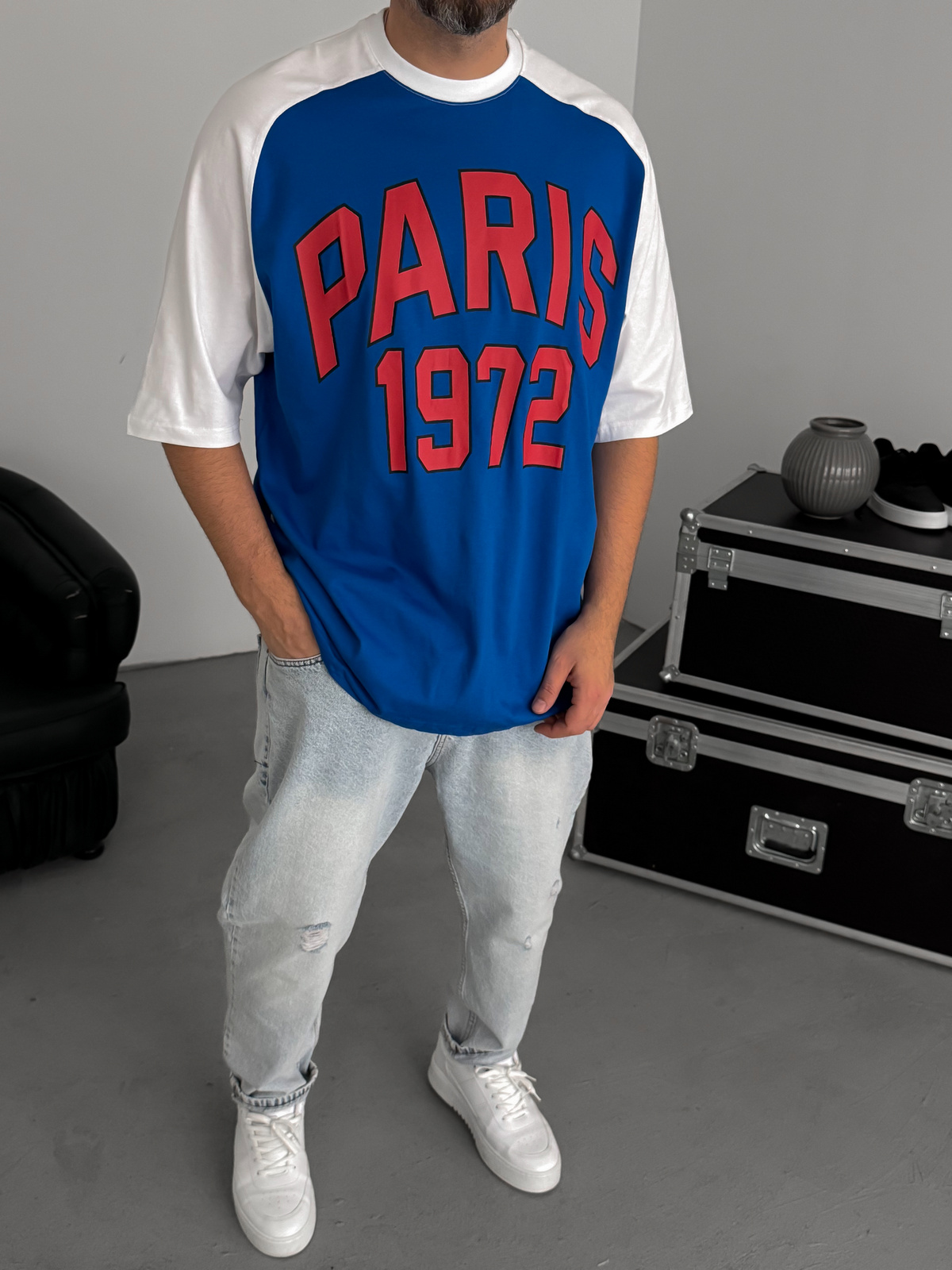 Mavi Paris Baskılı Oversize T-Shirt JJ-343
