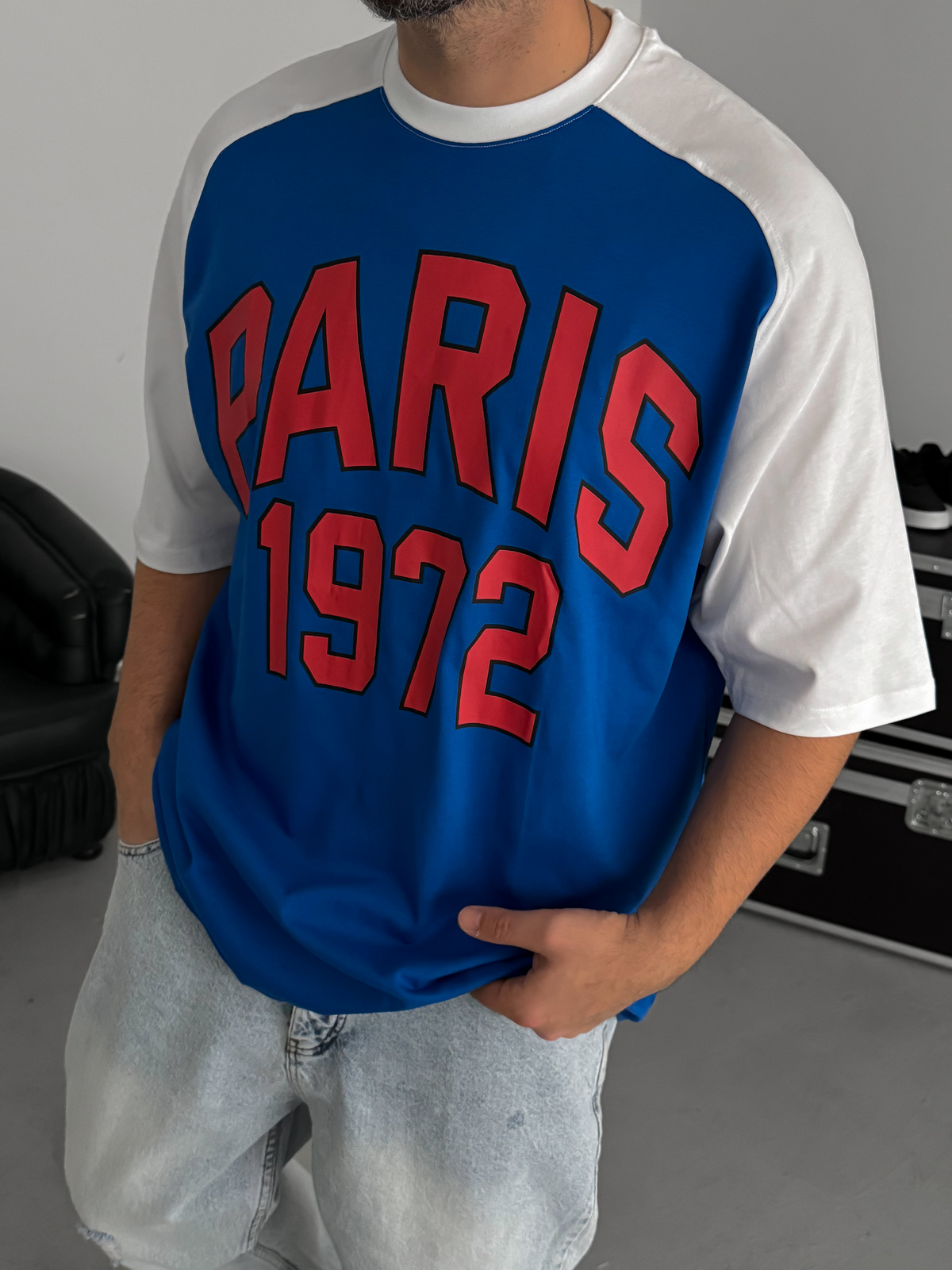 Mavi Paris Baskılı Oversize T-Shirt JJ-343