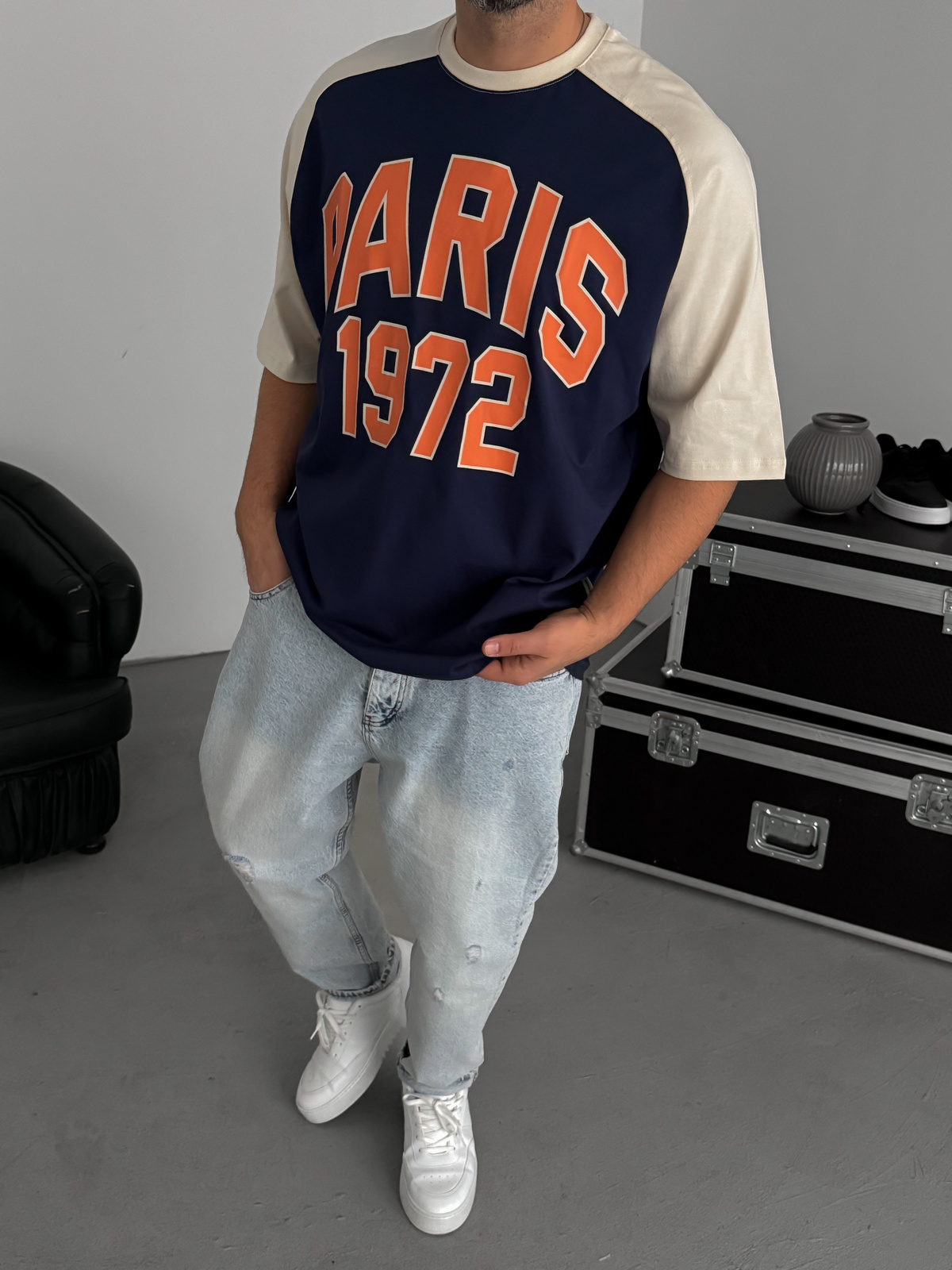 Lacivert Paris Baskılı Oversize T-Shirt JJ-343