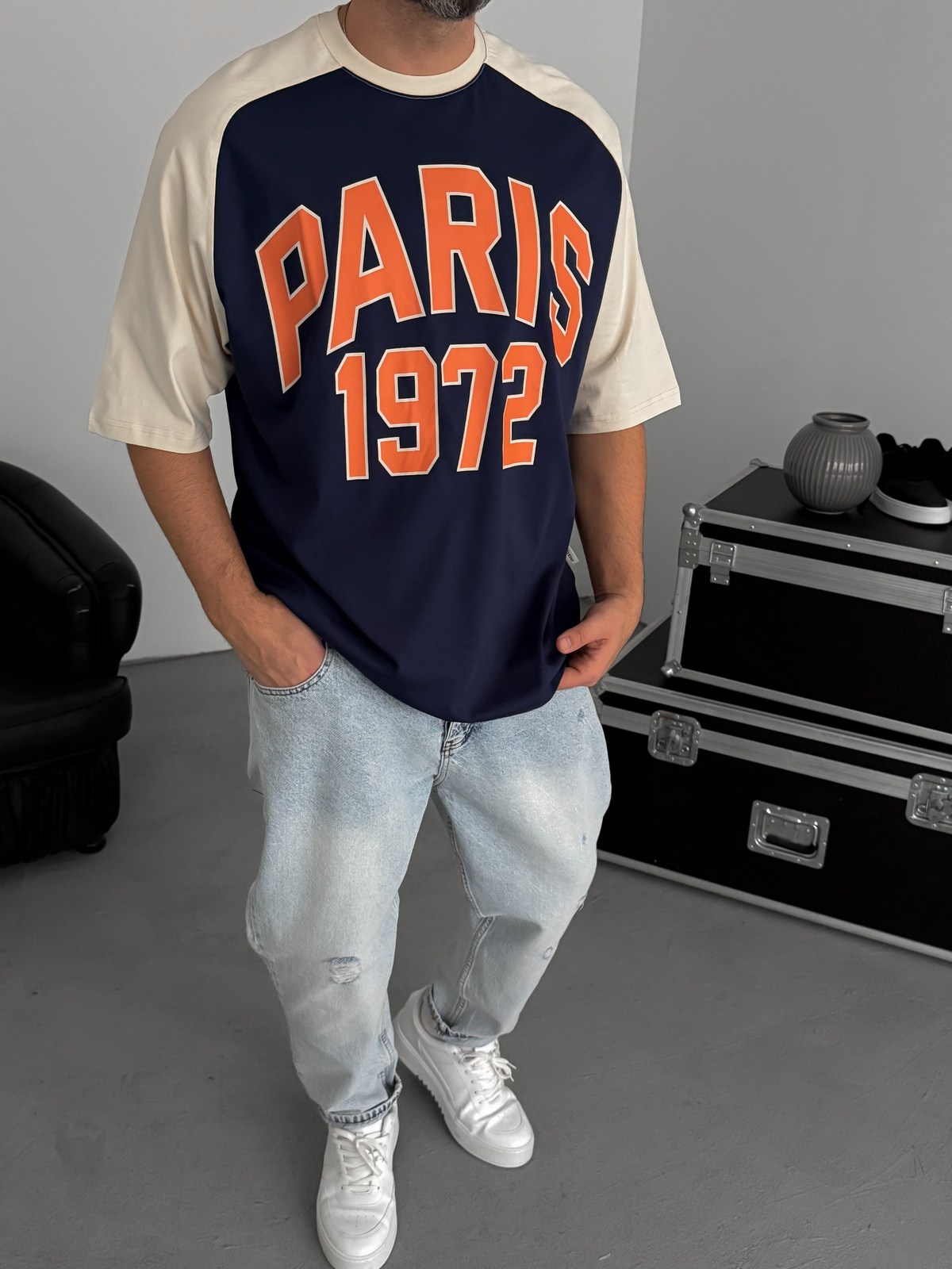 Lacivert Paris Baskılı Oversize T-Shirt JJ-343