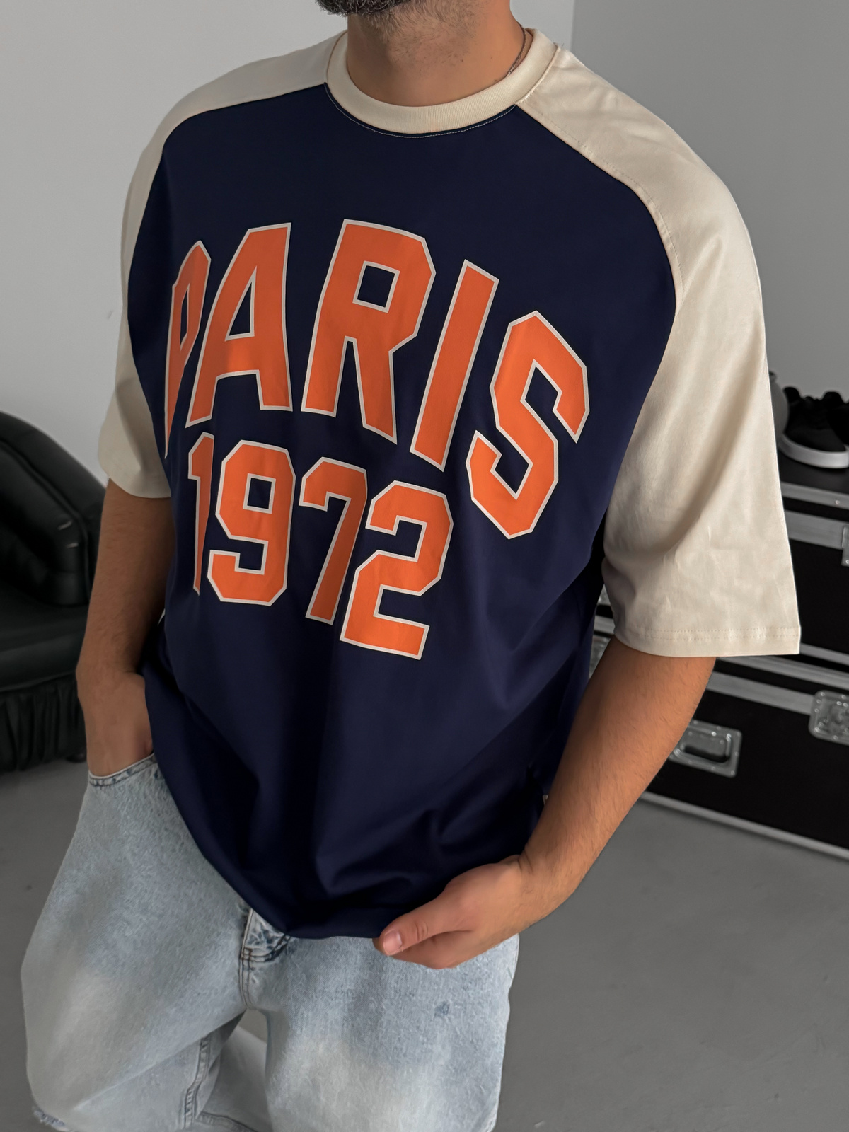 Lacivert Paris Baskılı Oversize T-Shirt JJ-343