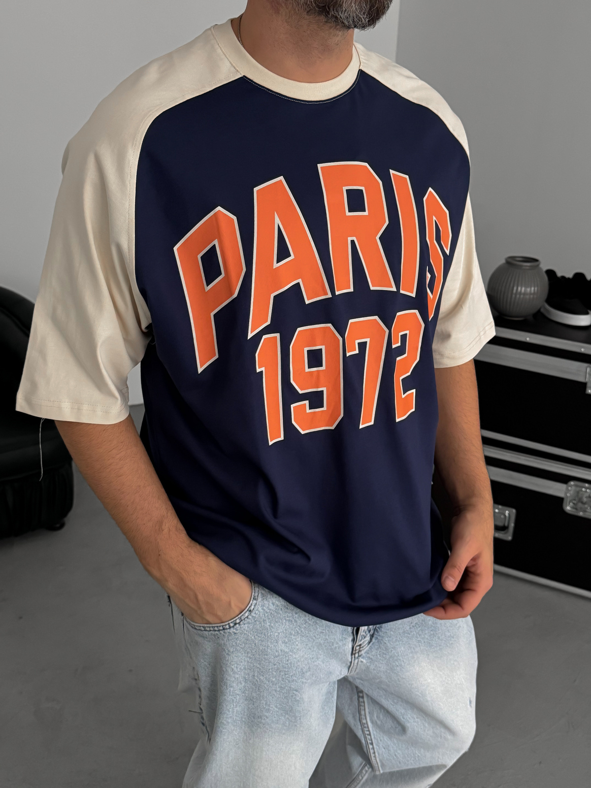 Lacivert Paris Baskılı Oversize T-Shirt JJ-343