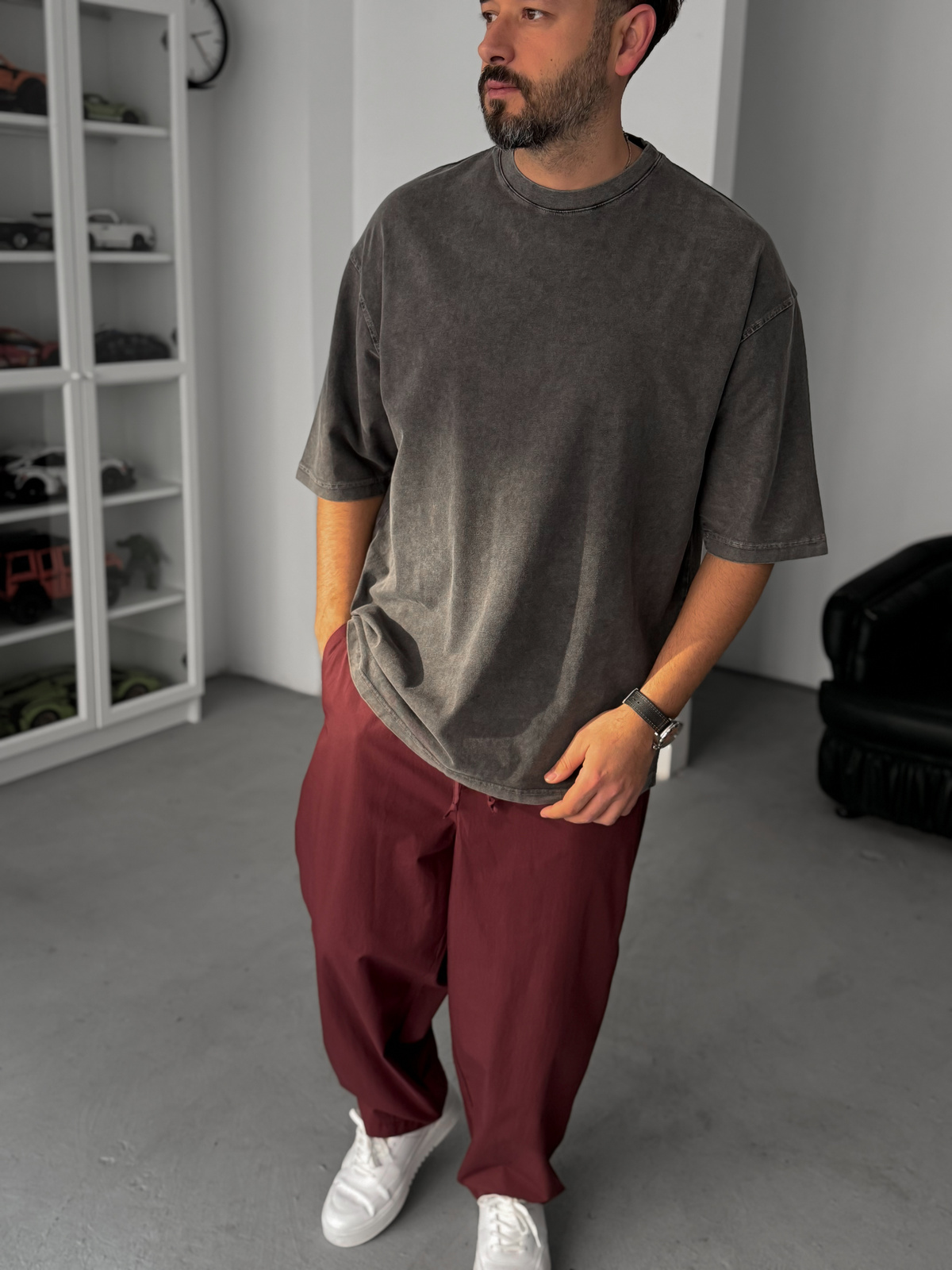 Antrasit Basic Yıkamalı Oversize T-Shirt JJ-295