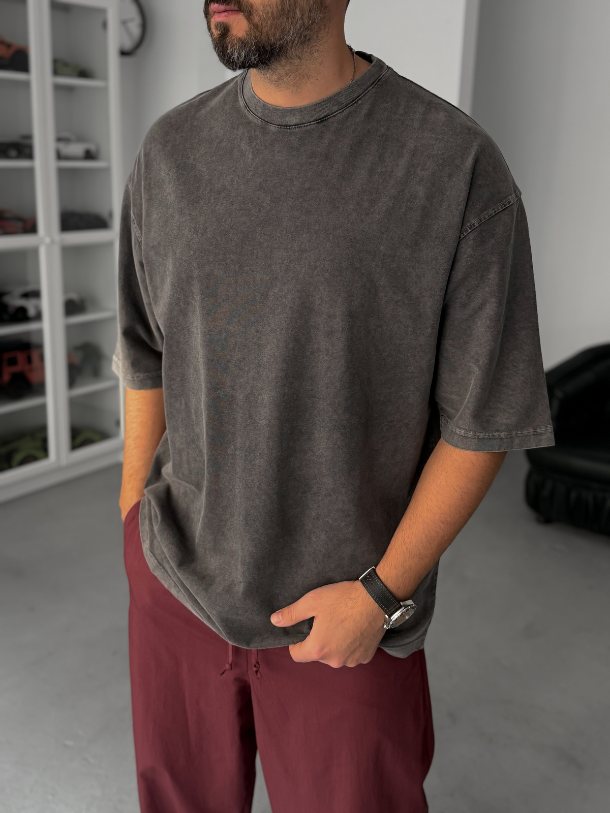Antrasit Basic Yıkamalı Oversize T-Shirt JJ-295