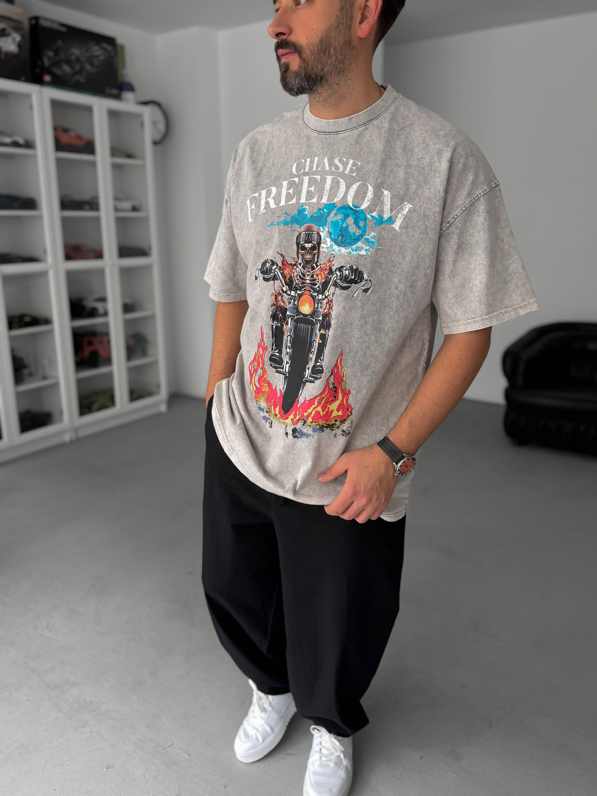 Gri Freedom Baskılı Yıkamalı Oversize T-Shirt JJ-190