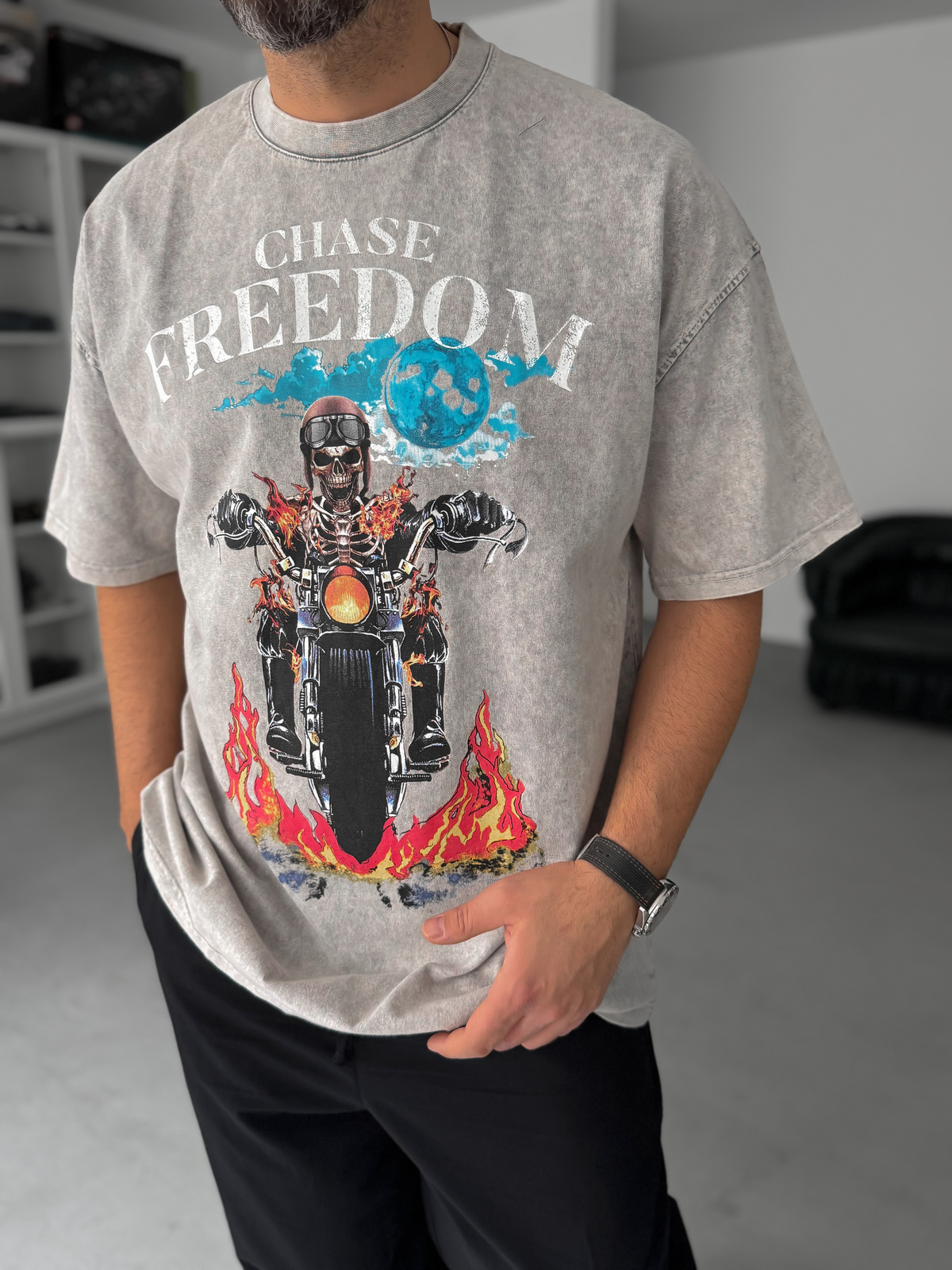 Gri Freedom Baskılı Yıkamalı Oversize T-Shirt JJ-190