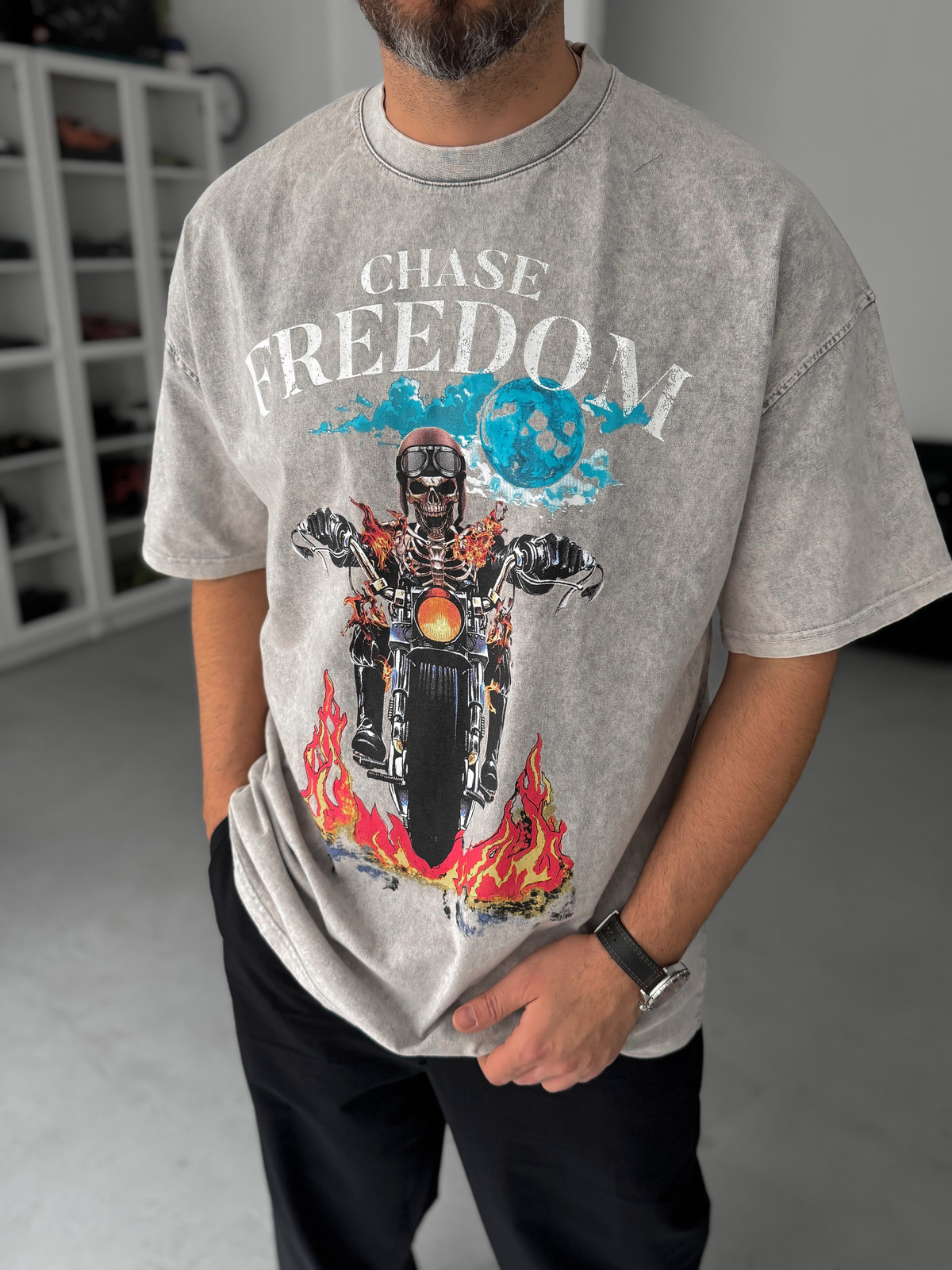 Gri Freedom Baskılı Yıkamalı Oversize T-Shirt JJ-190