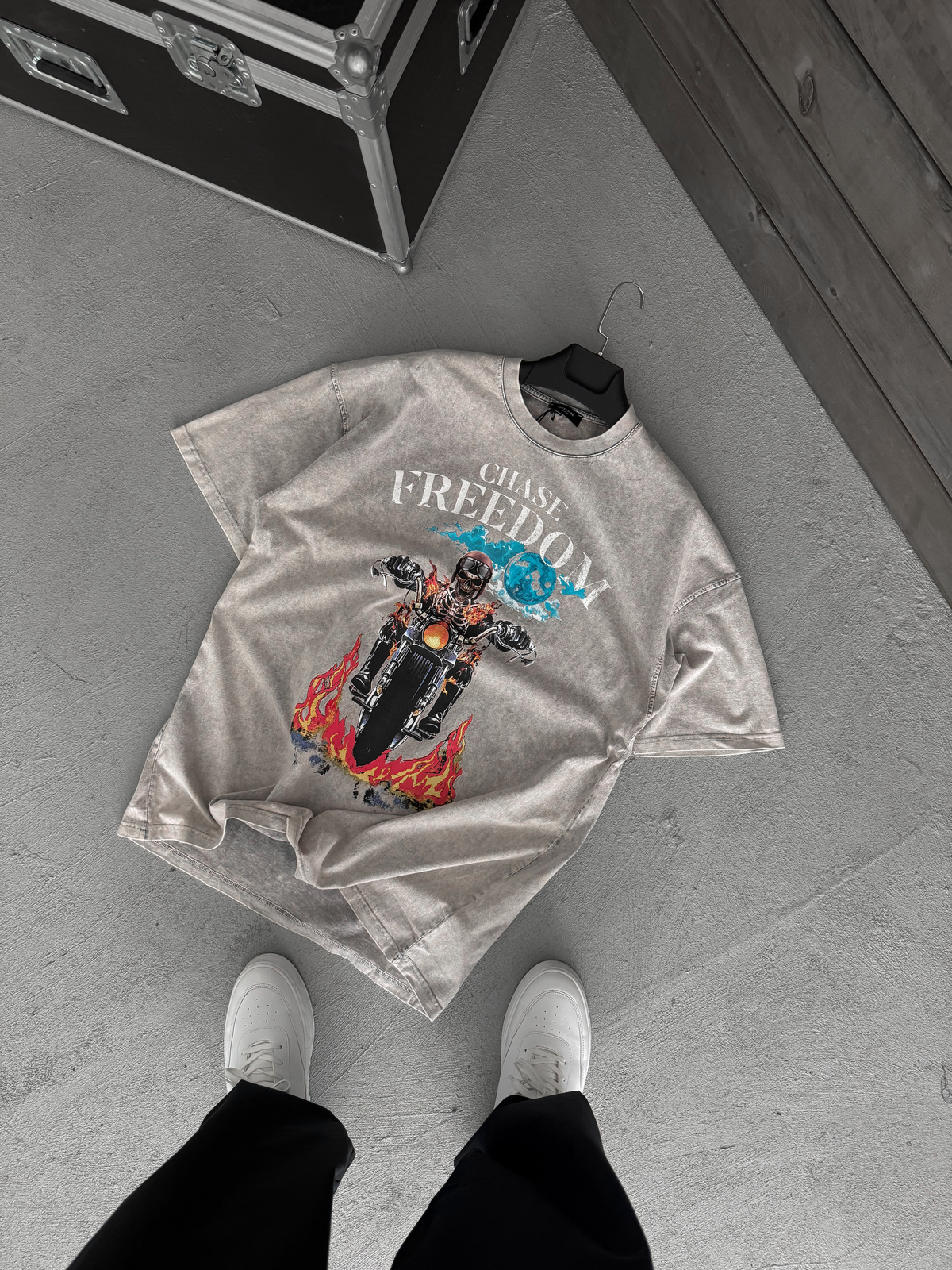 Gri Freedom Baskılı Yıkamalı Oversize T-Shirt JJ-190