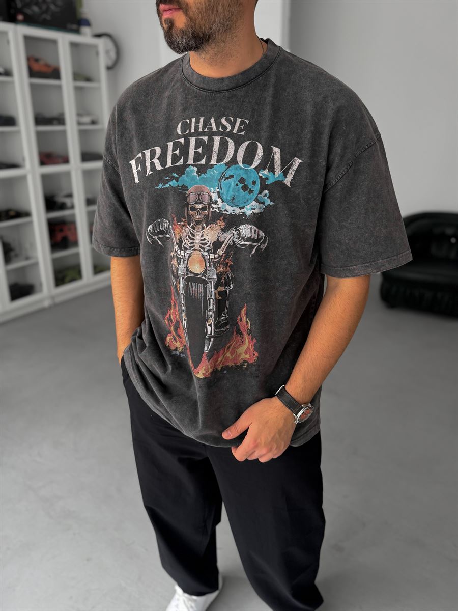 Antrasit Freedom Baskılı Yıkamalı Oversize T-Shirt JJ-190