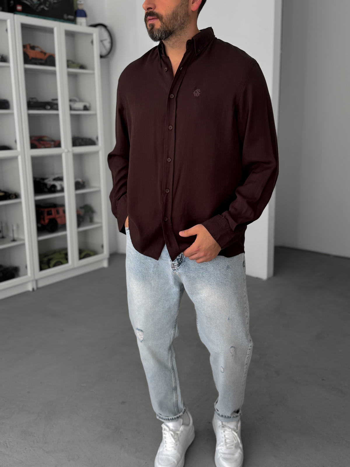 Kahve Nakışlı Tensel Oversize Gömlek G-5792