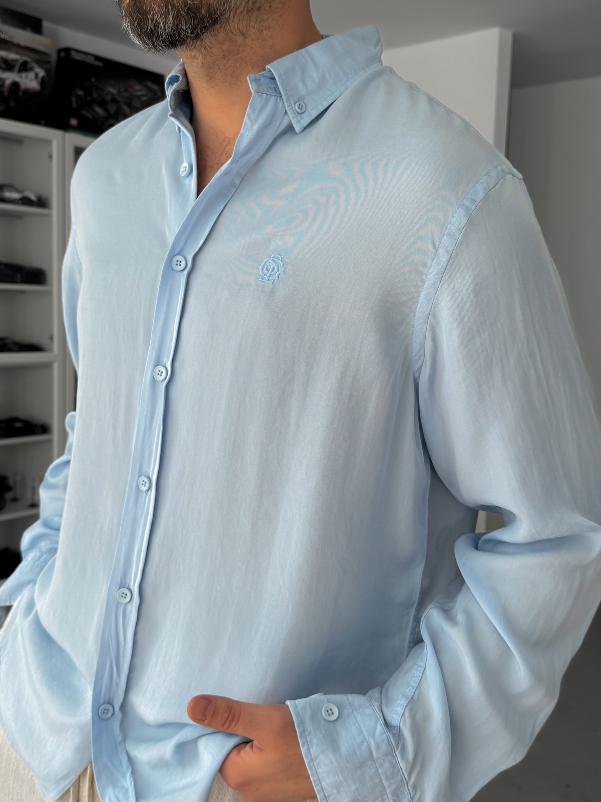 Açık Mavi Nakışlı Tensel Oversize Gömlek G-5792