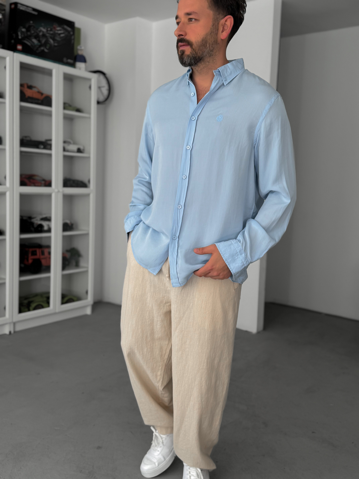 Açık Mavi Nakışlı Tensel Oversize Gömlek G-5792