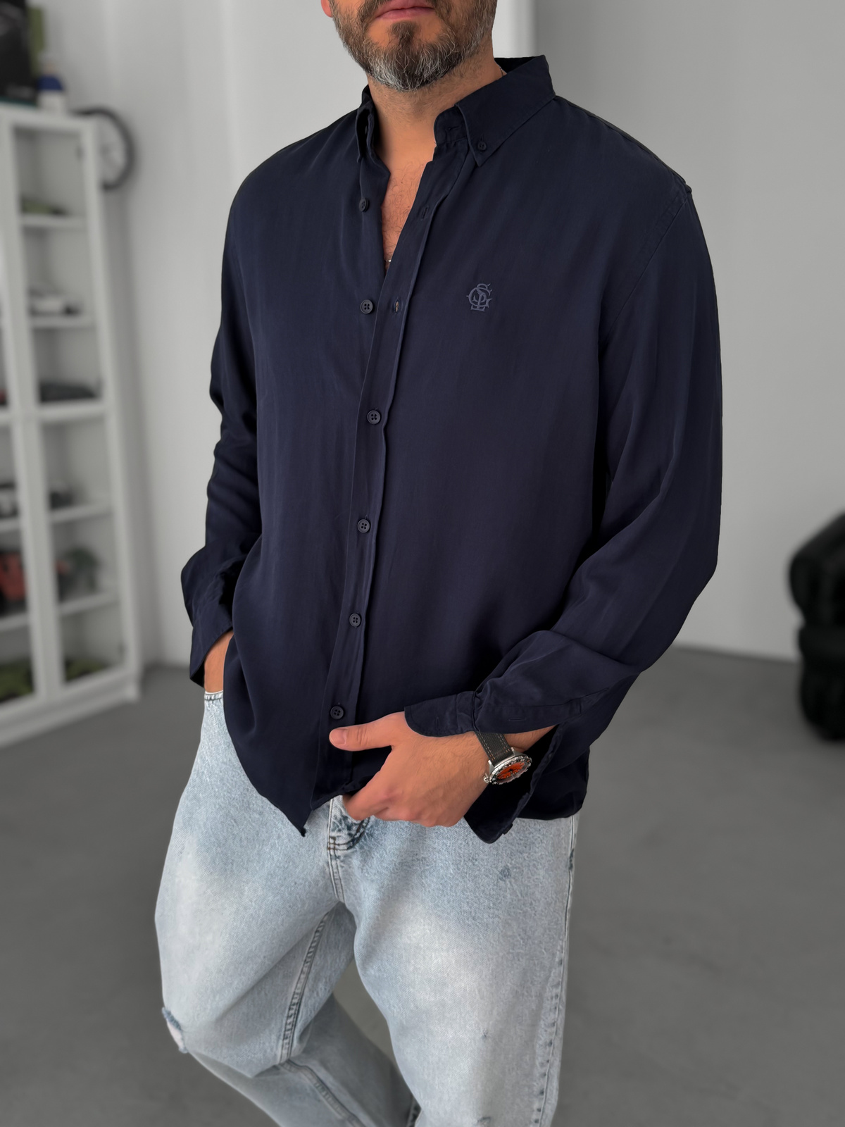 Lacivert Nakışlı Tensel Oversize Gömlek G-5792