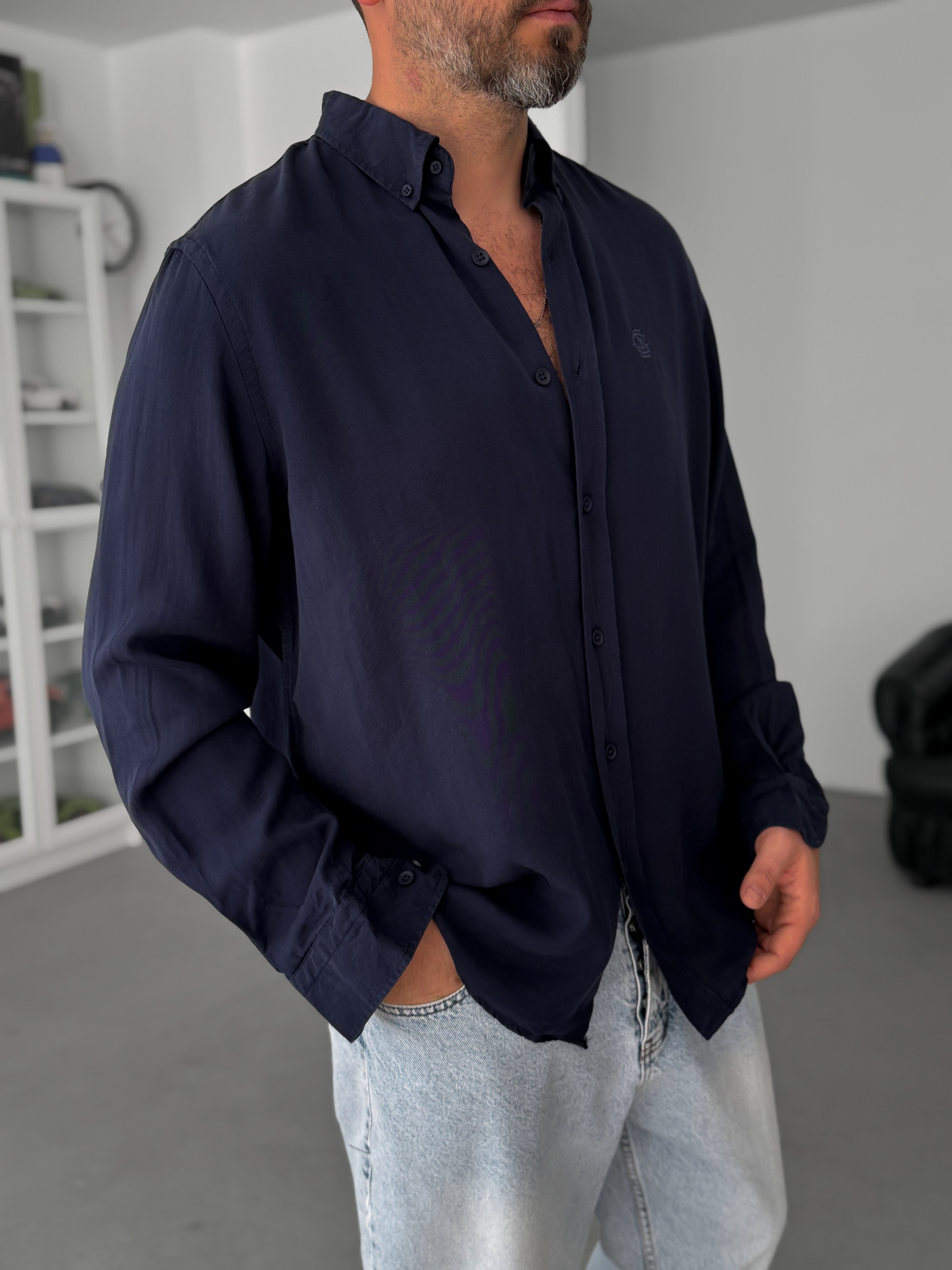 Lacivert Nakışlı Tensel Oversize Gömlek G-5792