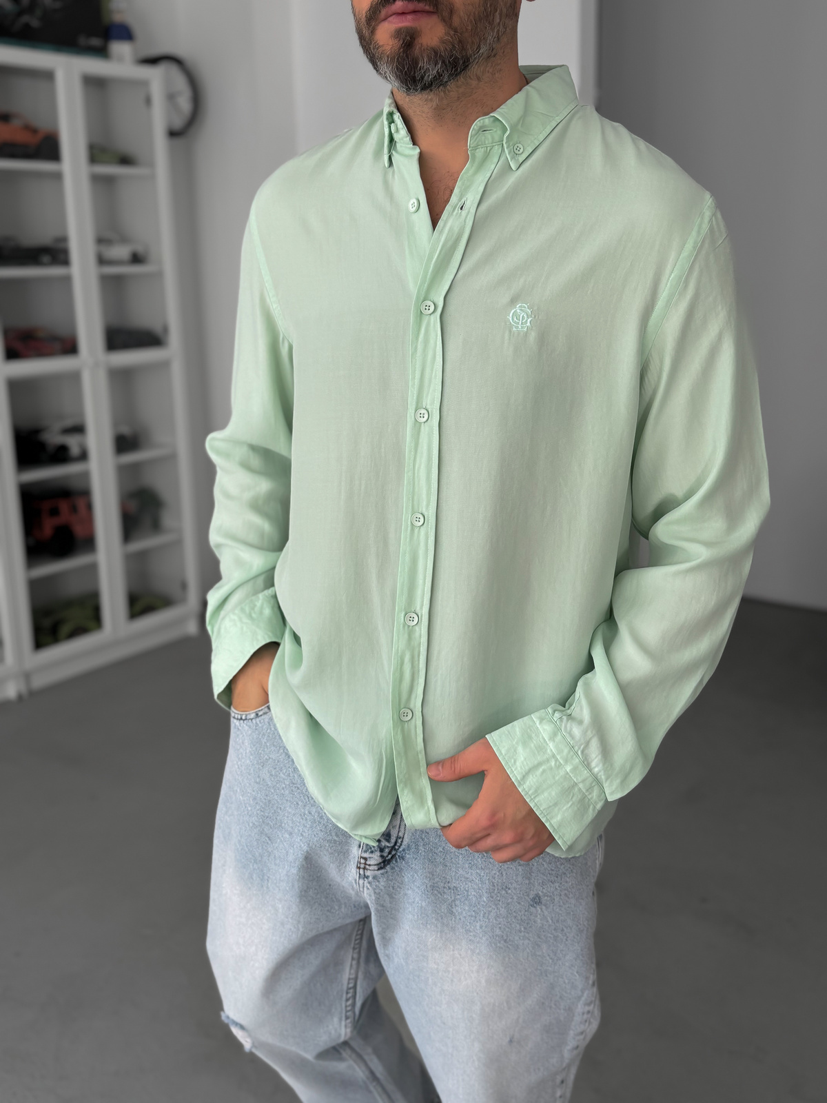 Açık Yeşil Nakışlı Tensel Oversize Gömlek G-5792