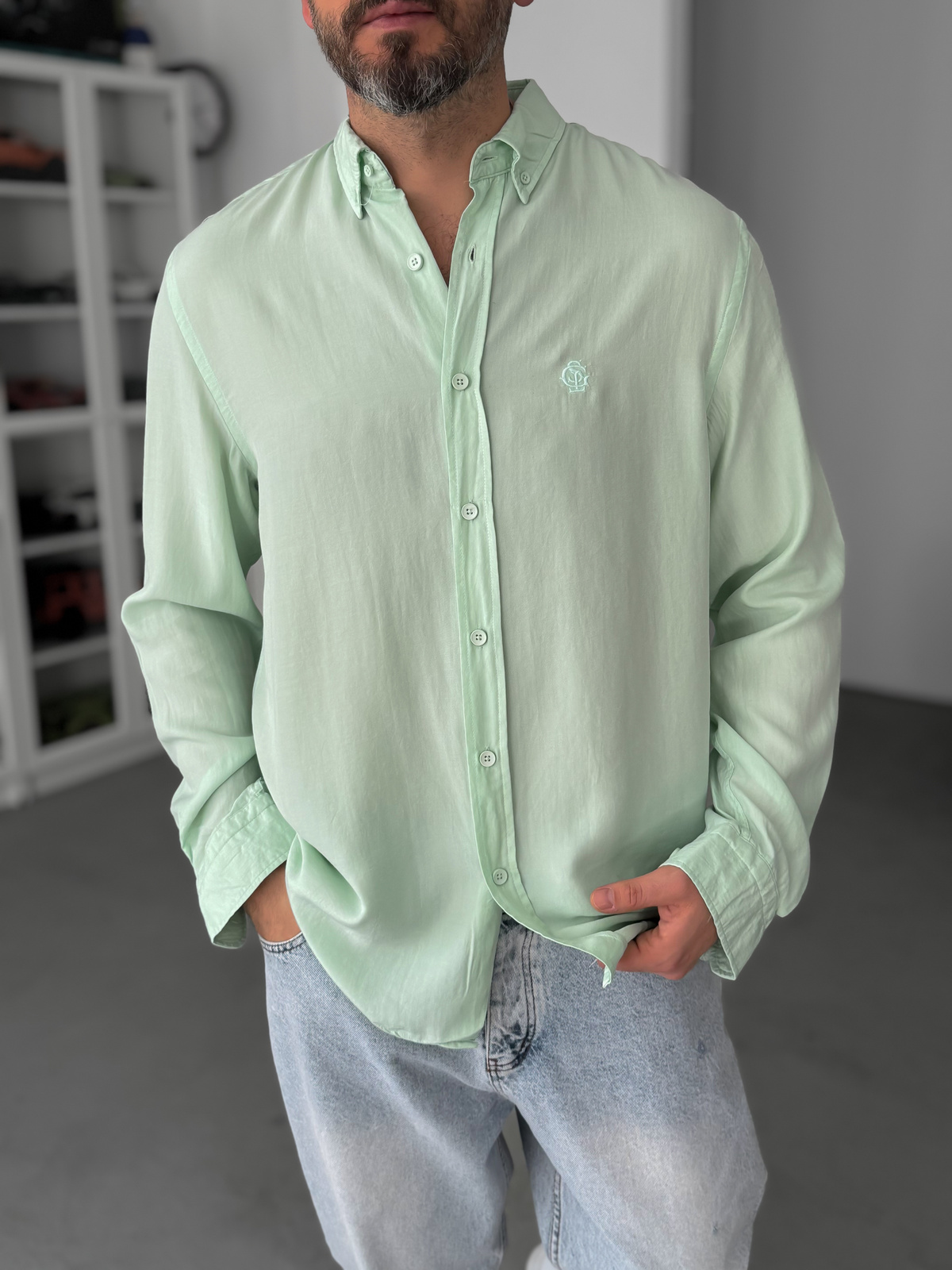 Açık Yeşil Nakışlı Tensel Oversize Gömlek G-5792