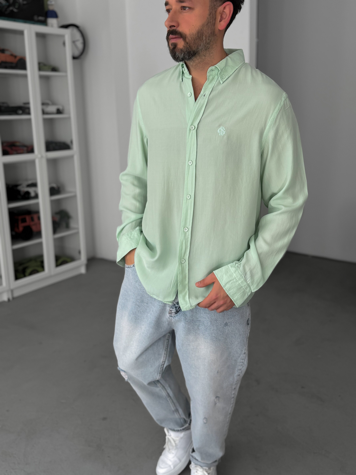Açık Yeşil Nakışlı Tensel Oversize Gömlek G-5792