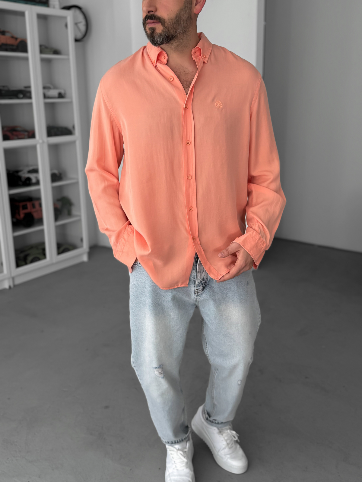 Pudra Nakışlı Tensel Oversize Gömlek G-5792