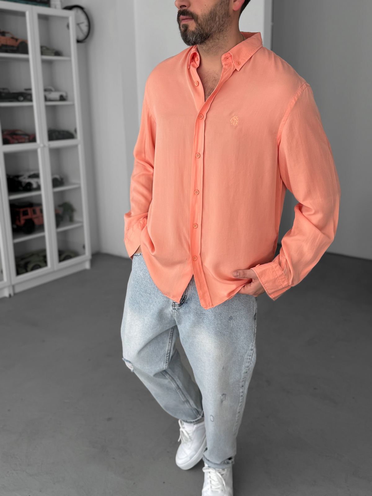 Pudra Nakışlı Tensel Oversize Gömlek G-5792