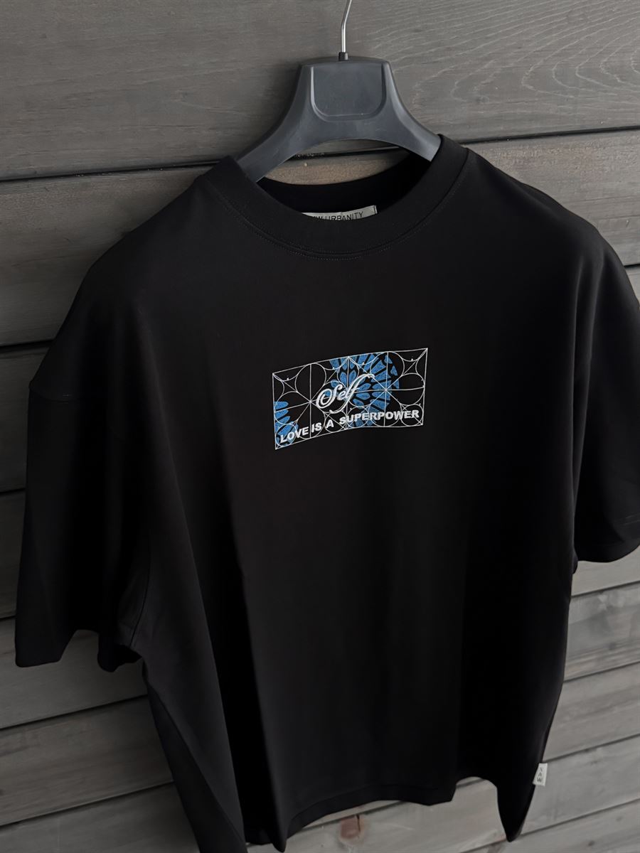Siyah Self Nakışlı Sırt Baskılı Oversize T-Shirt SW-5056