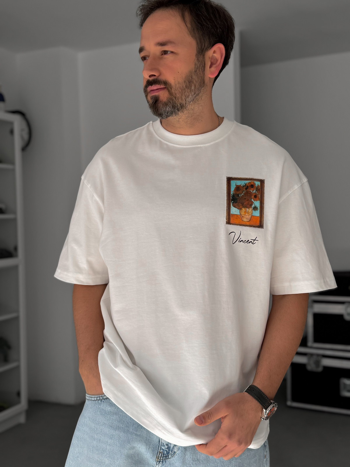 Beyaz Vincent Patchli Oversize T-Shirt SW-5083