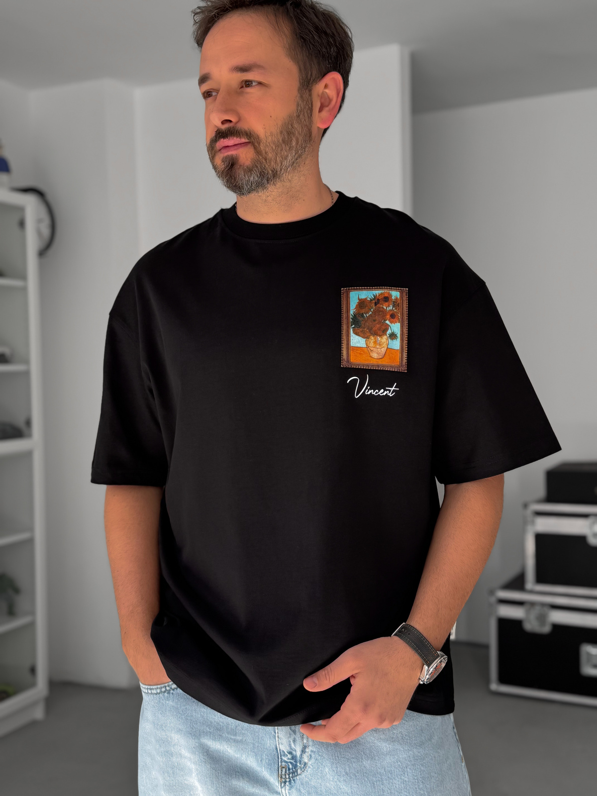 Siyah Vincent Patchli Oversize T-Shirt SW-5083