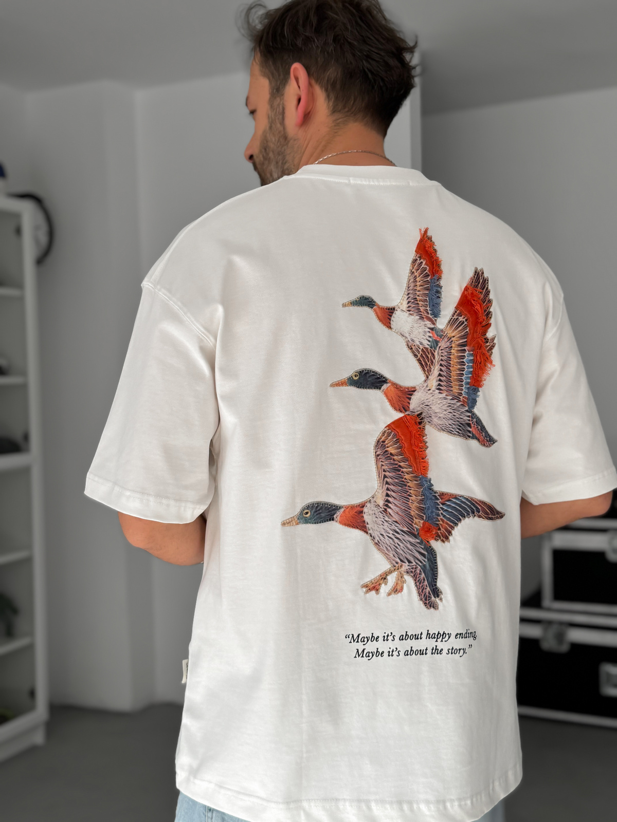 Beyaz Goose Patchli Oversize T-Shirt SW-5057