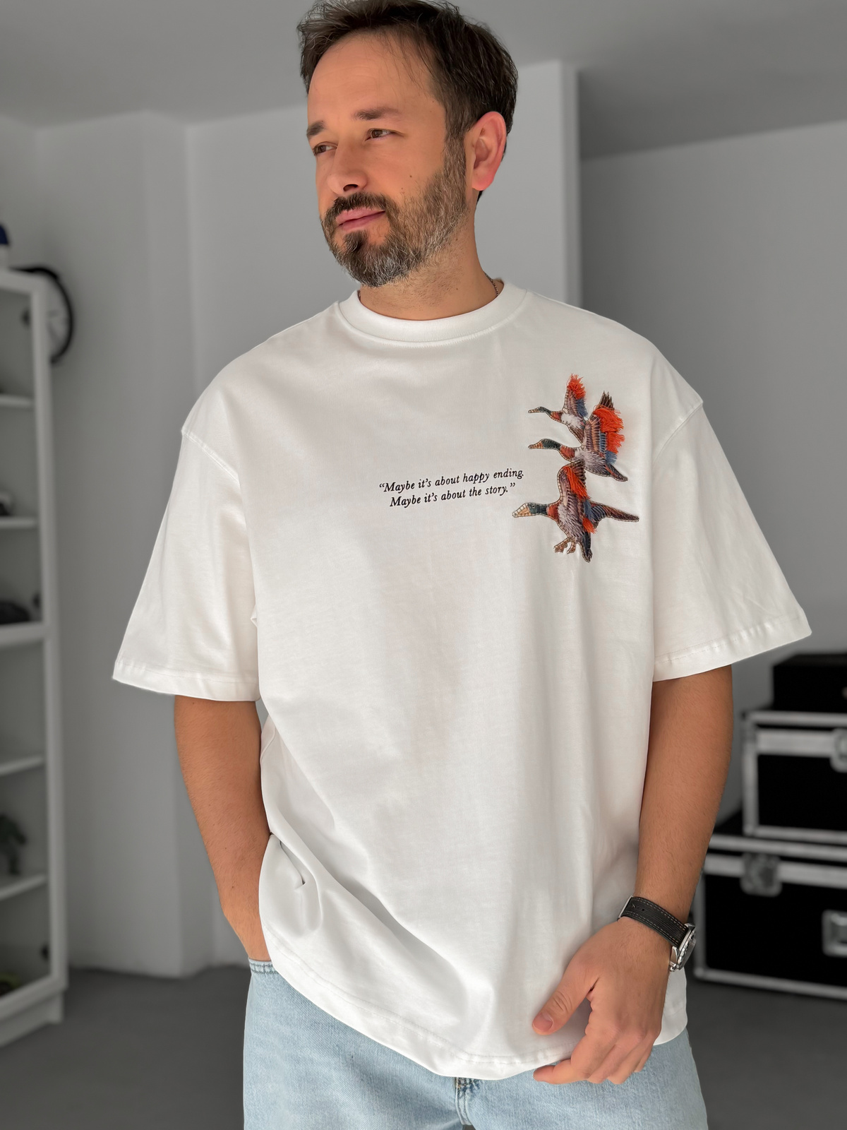 Beyaz Goose Patchli Oversize T-Shirt SW-5057