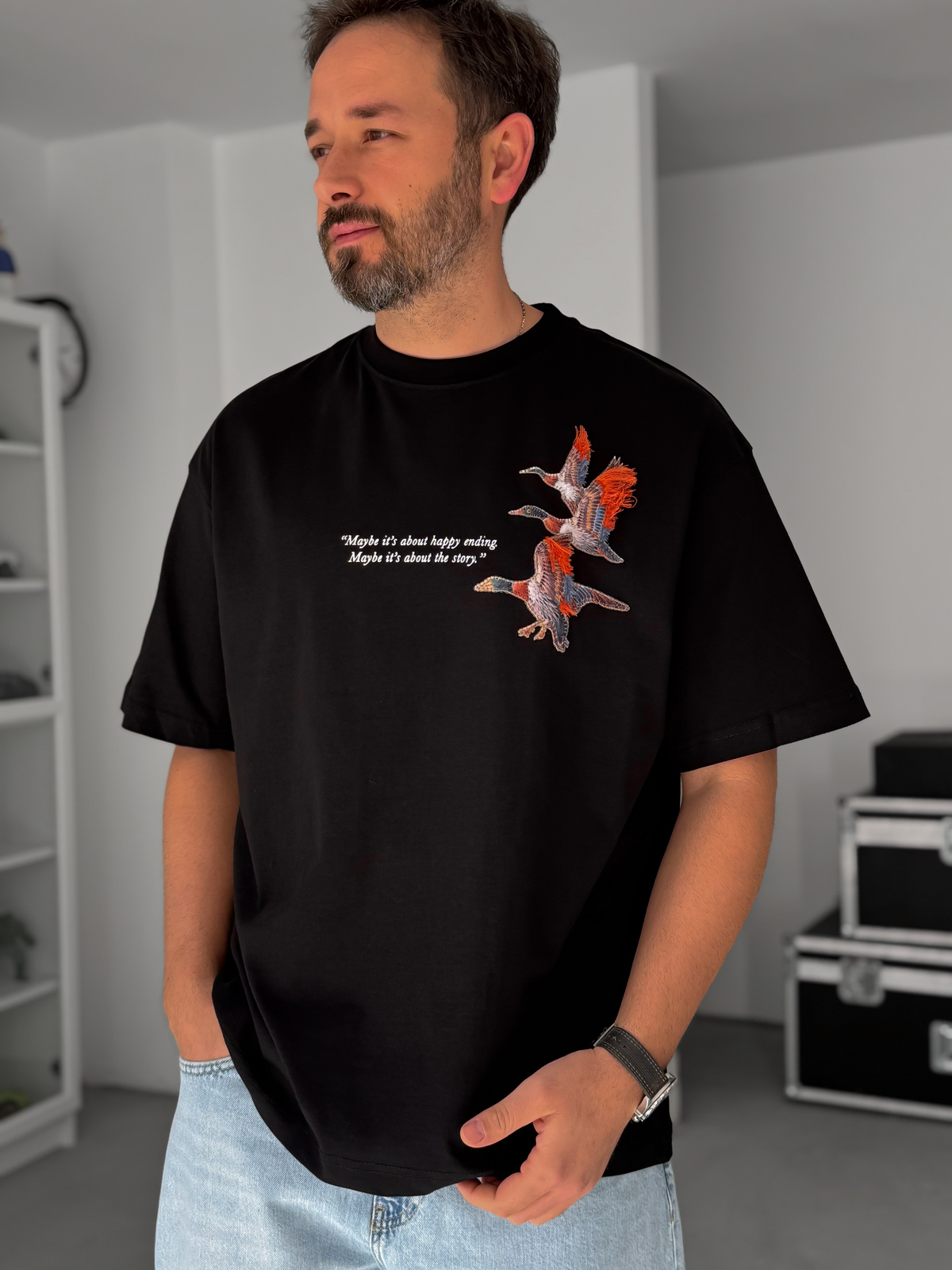 Siyah Goose Patchli Oversize T-Shirt SW-5057