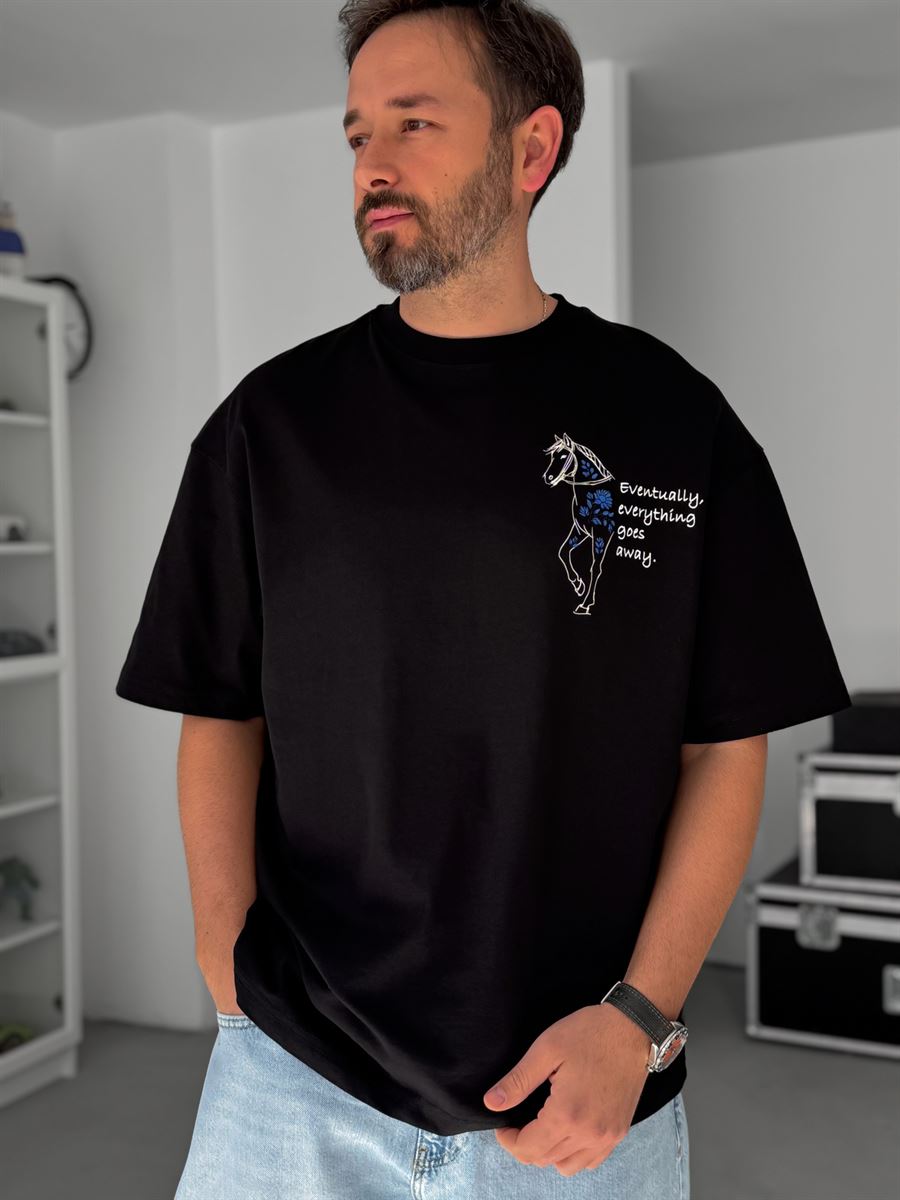 Siyah Çiçek Nakışlı Oversize T-Shirt SW-5054