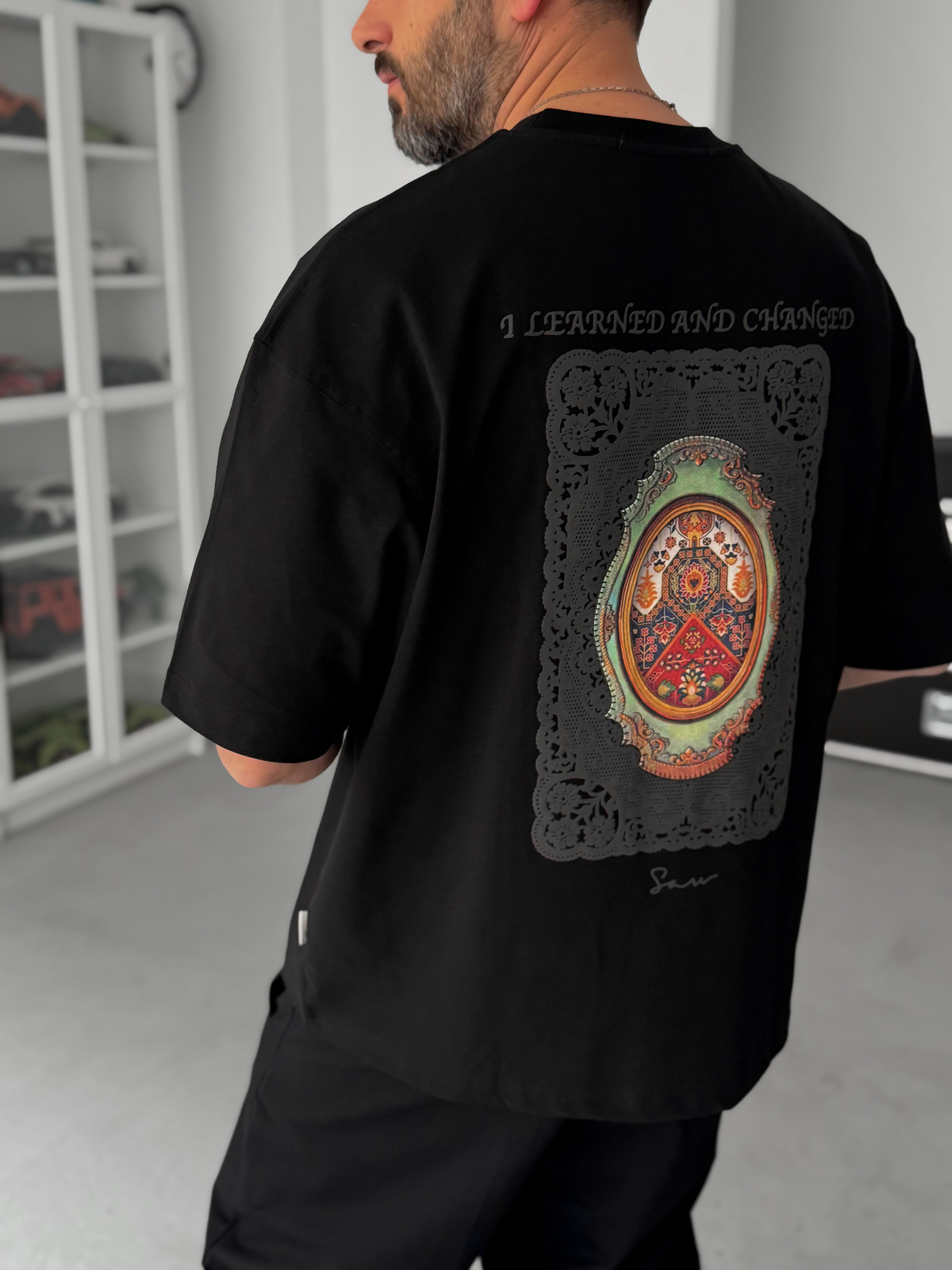 Siyah Renkli Ayna Halı Oversize T-Shirt SW-5092