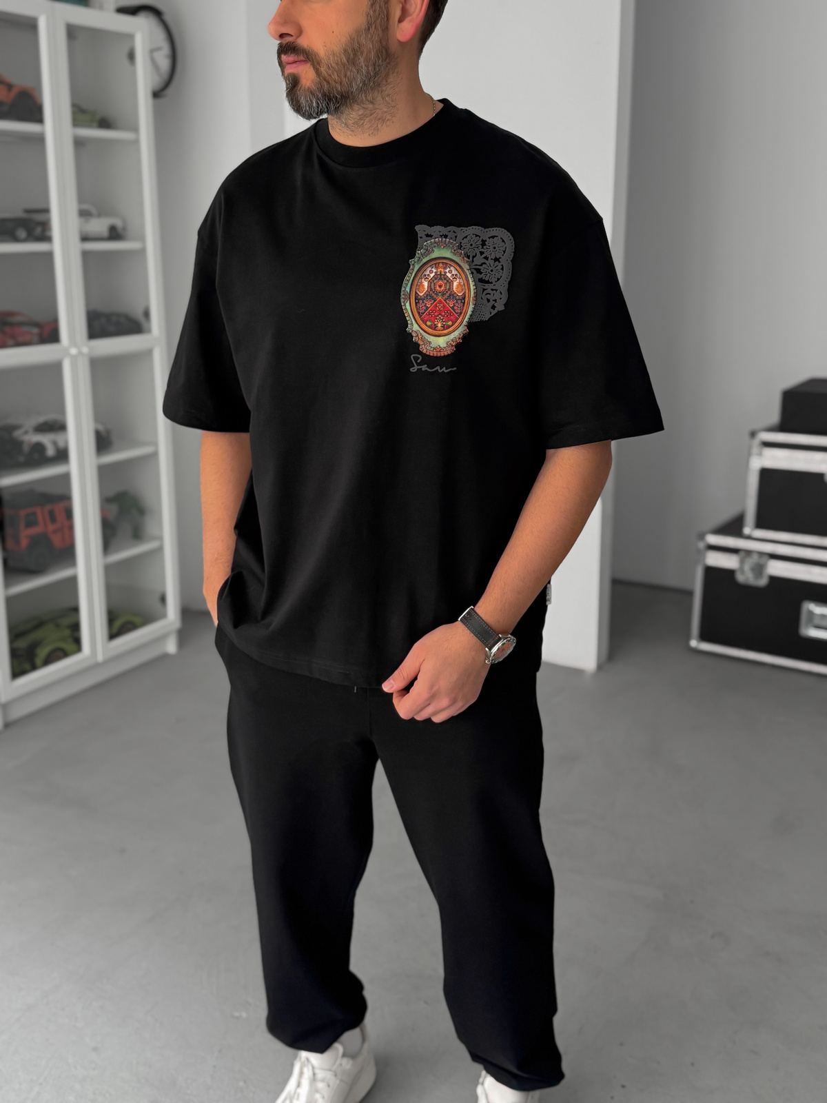 Siyah Renkli Ayna Halı Oversize T-Shirt SW-5092