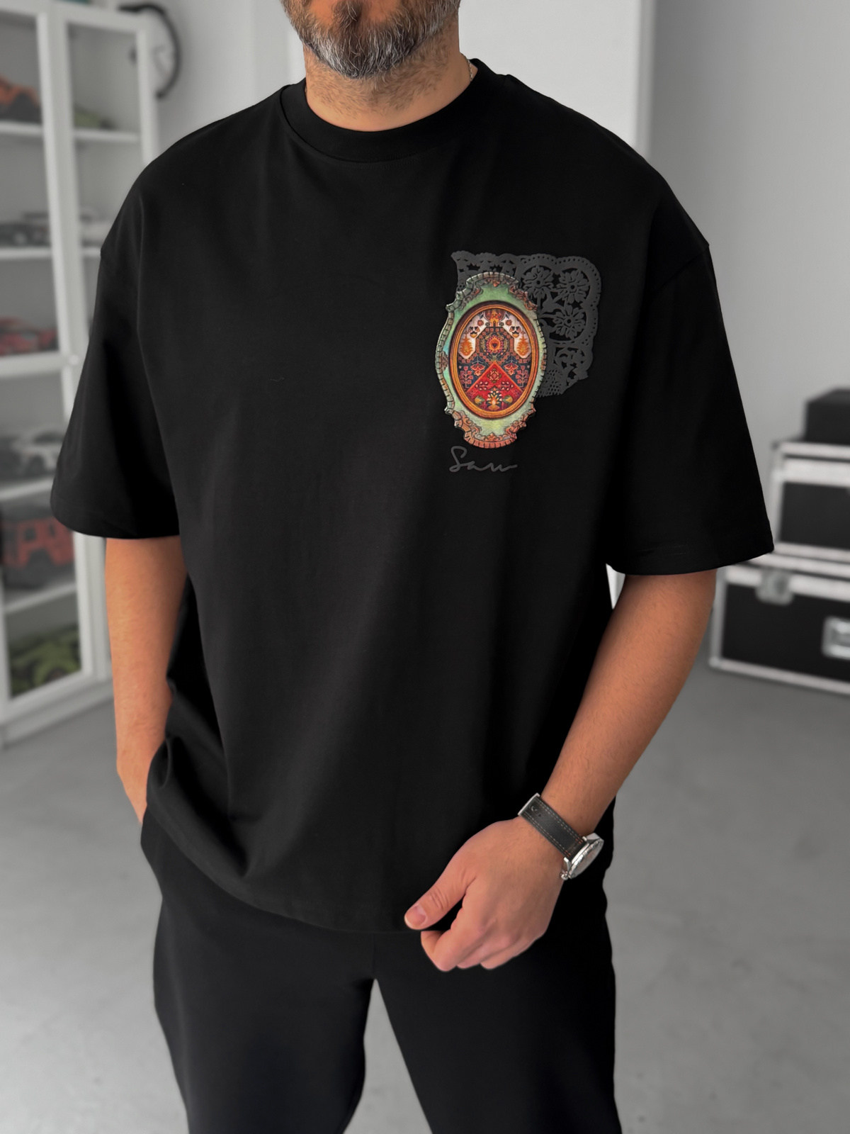 Siyah Renkli Ayna Halı Oversize T-Shirt SW-5092