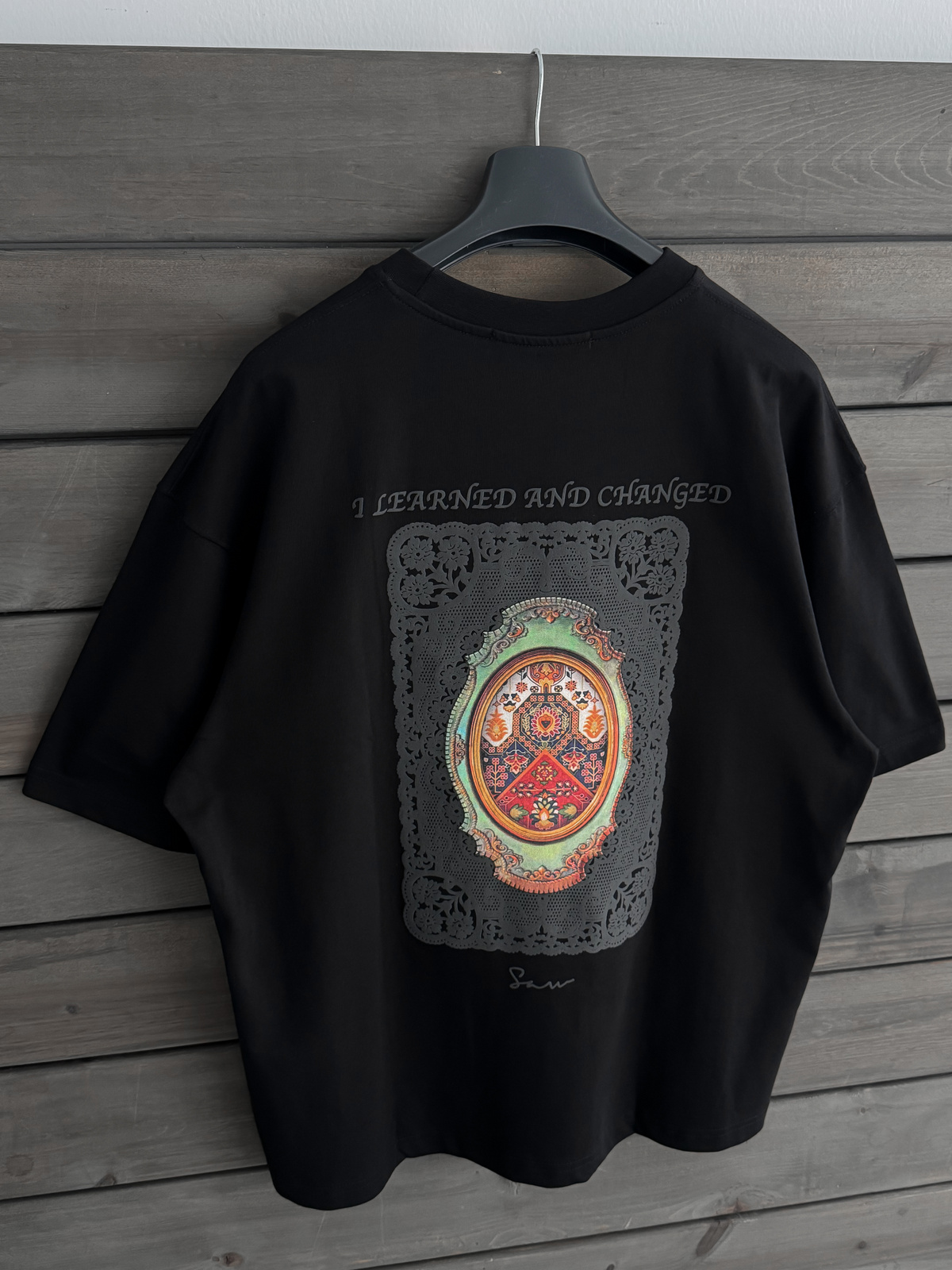 Siyah Renkli Ayna Halı Oversize T-Shirt SW-5092