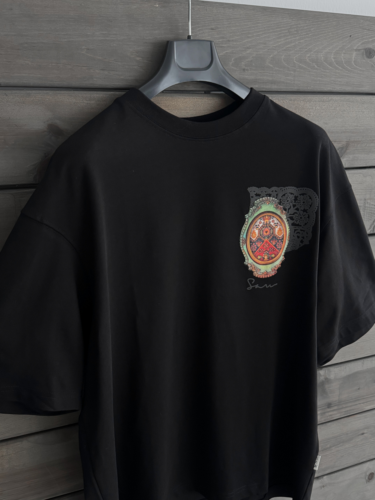 Siyah Renkli Ayna Halı Oversize T-Shirt SW-5092