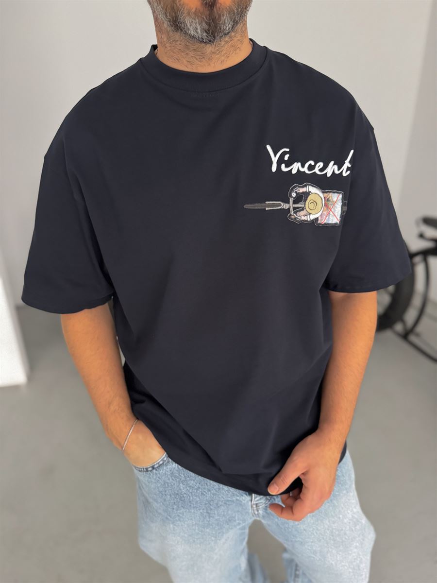 Lacivert Vincent Nakışlı Oversize T-Shirt SW-5073