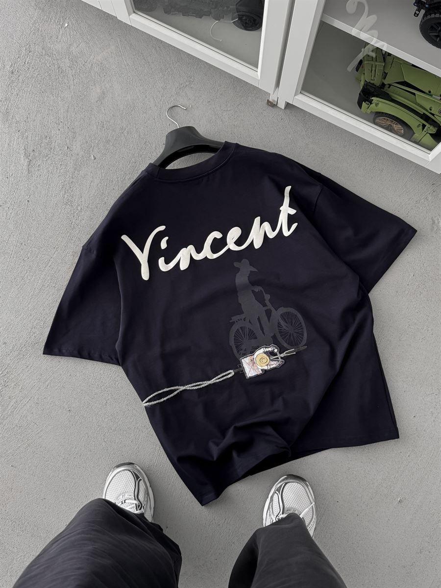 Lacivert Vincent Nakışlı Oversize T-Shirt SW-5073