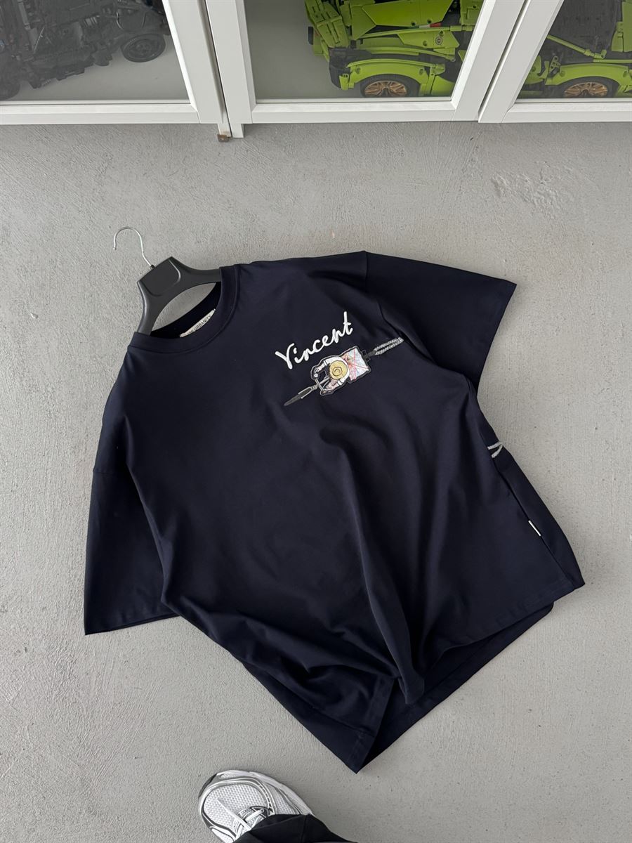 Lacivert Vincent Nakışlı Oversize T-Shirt SW-5073