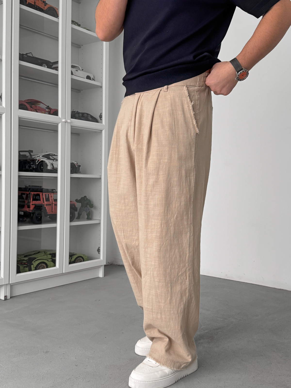 Bej Kesik Paça Keten Dokulu Baggy Pantolon SW-1566