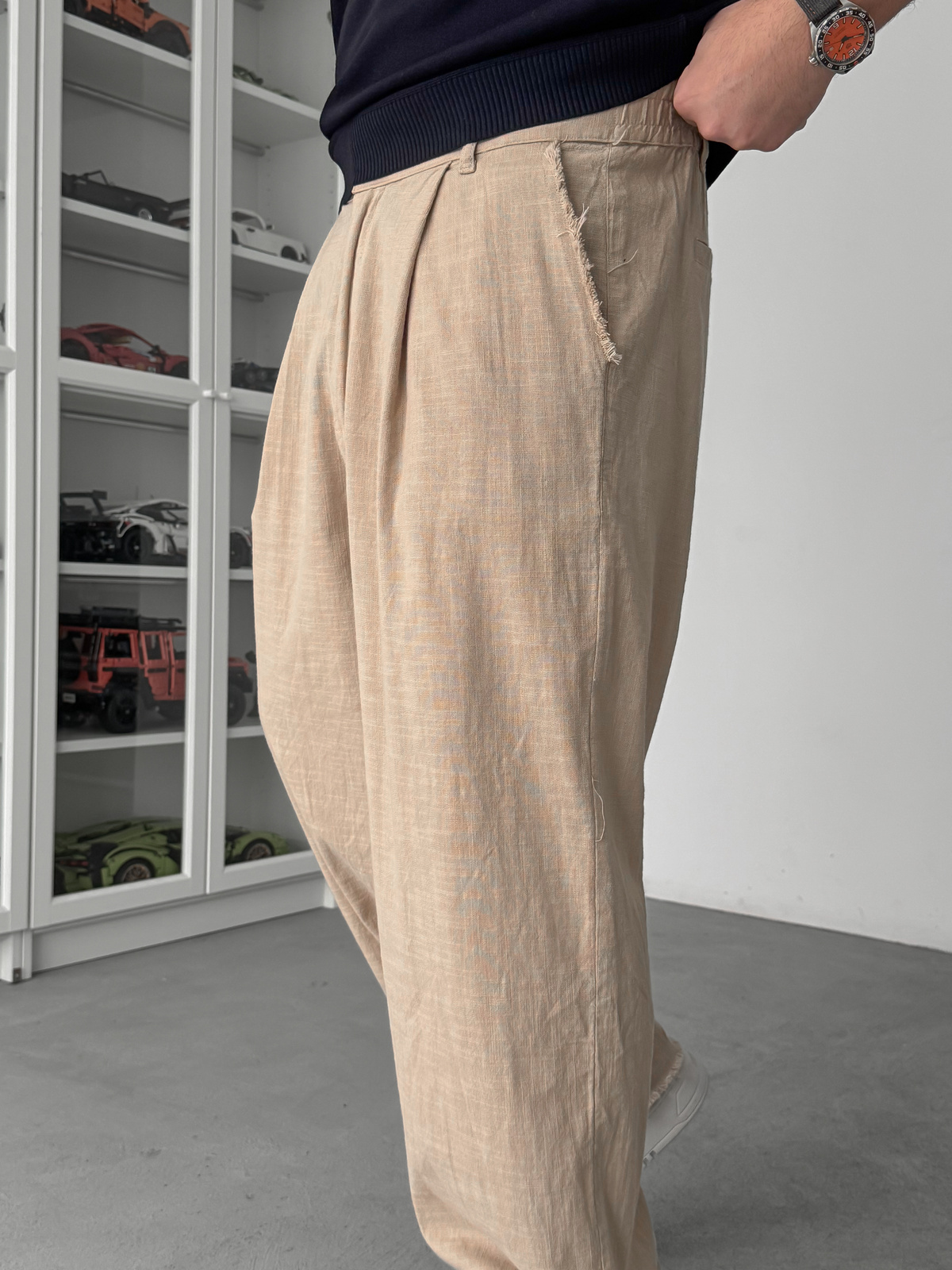 Bej Kesik Paça Keten Dokulu Baggy Pantolon SW-1566