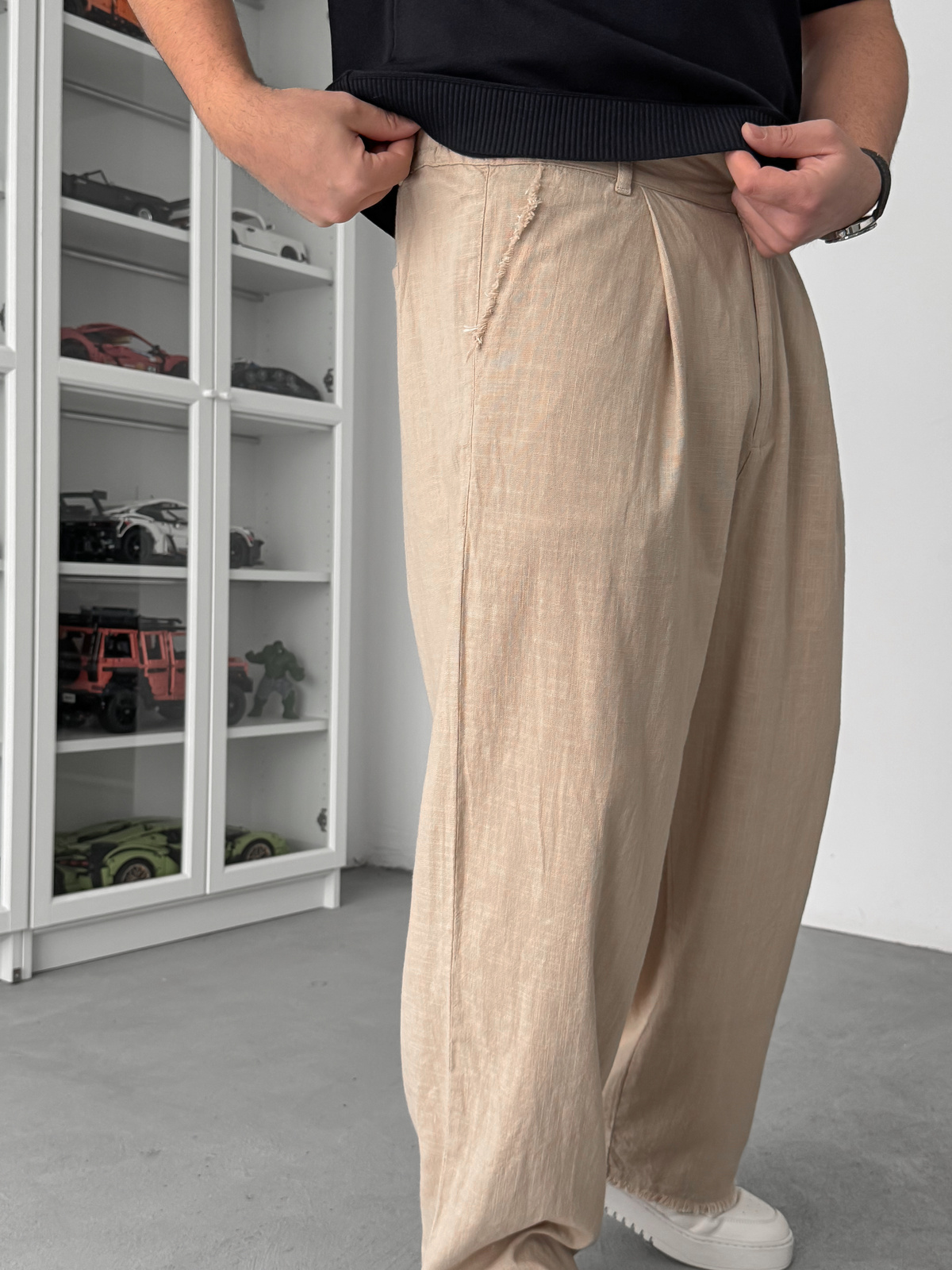 Bej Kesik Paça Keten Dokulu Baggy Pantolon SW-1566