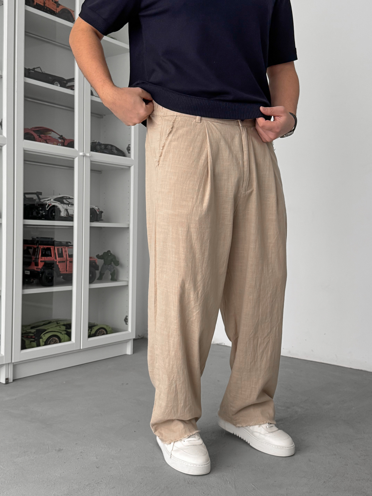 Bej Kesik Paça Keten Dokulu Baggy Pantolon SW-1566