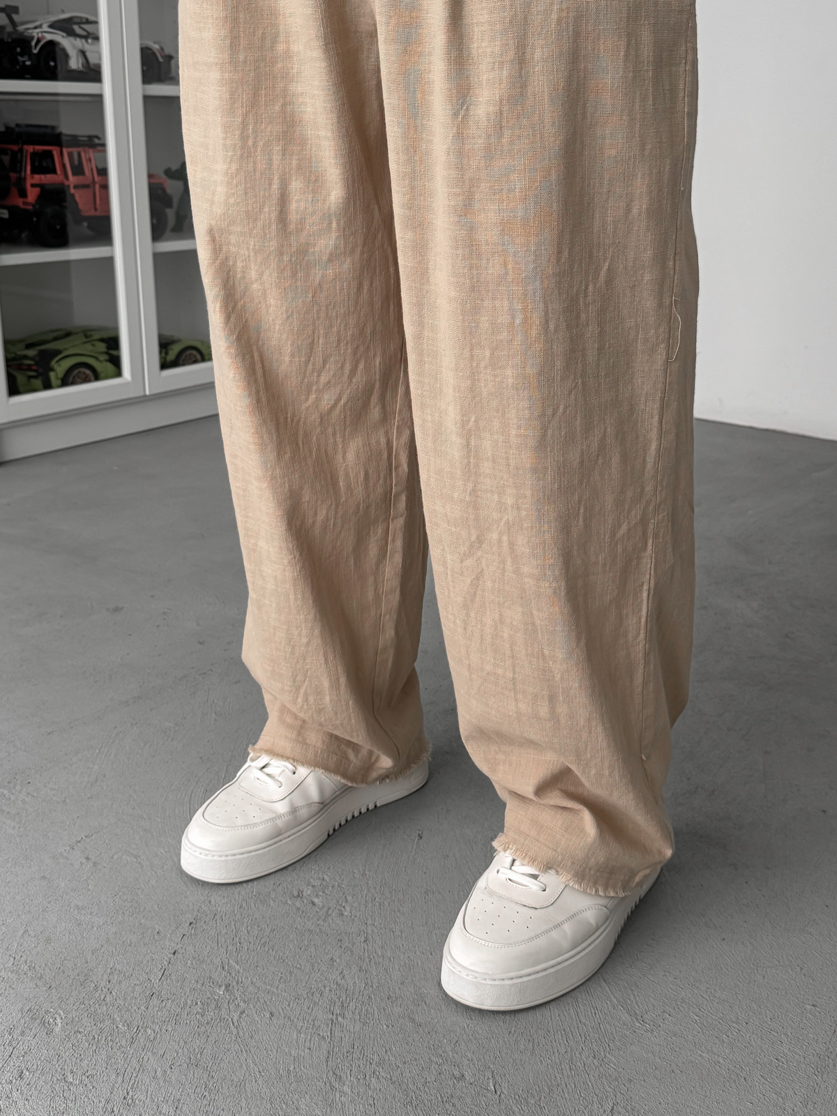 Bej Kesik Paça Keten Dokulu Baggy Pantolon SW-1566