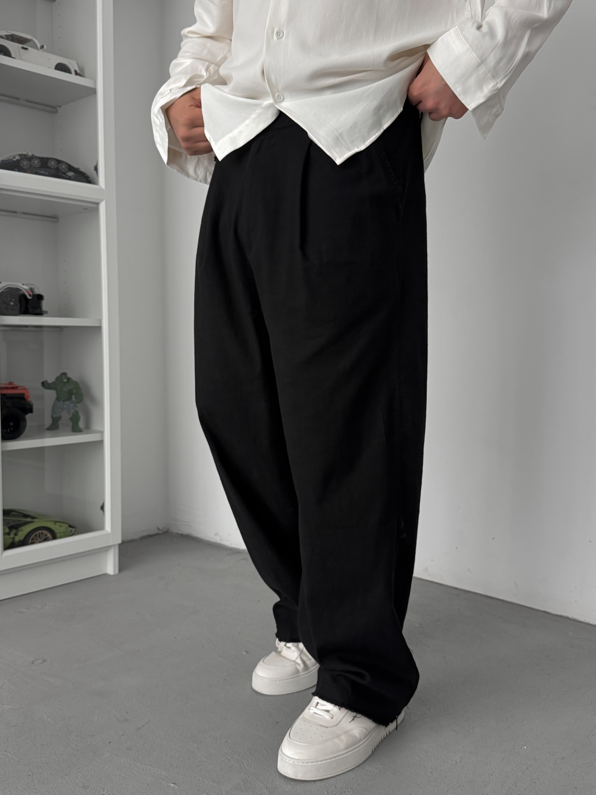 Siyah Kesik Paça Keten Dokulu Baggy Pantolon SW-1566