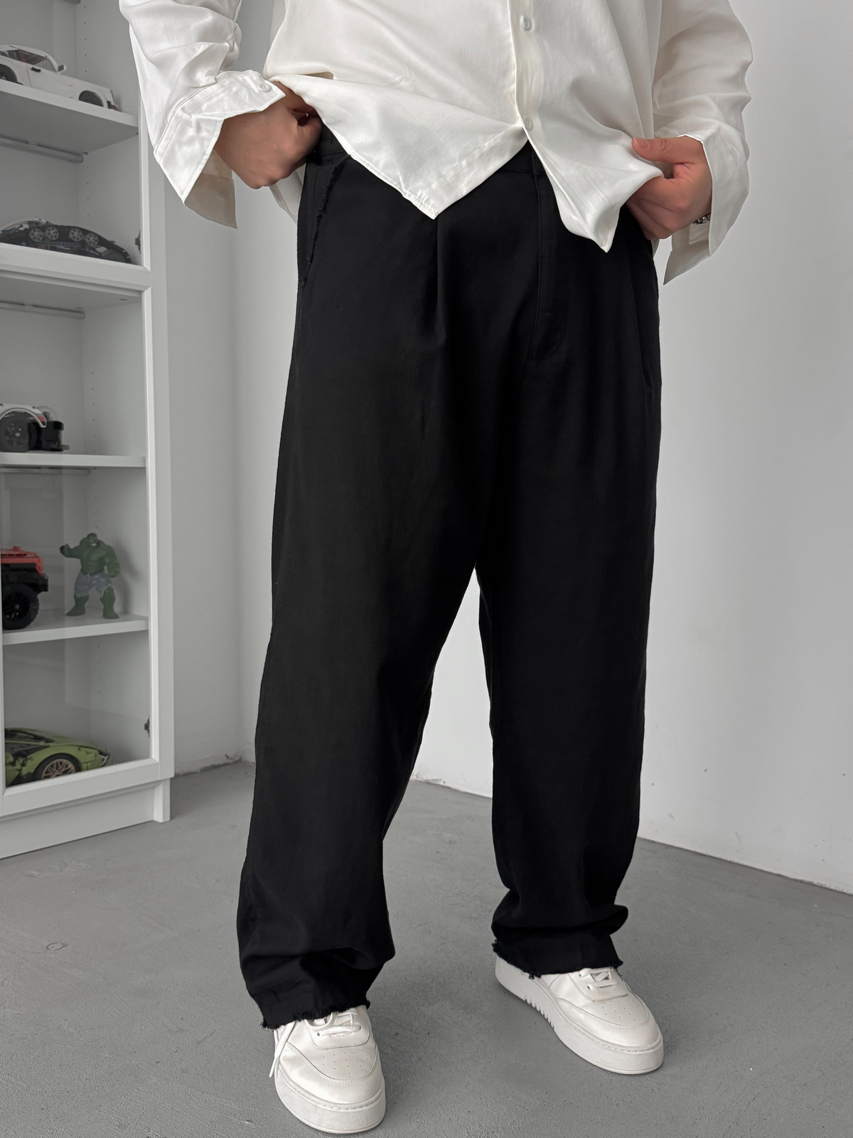 Siyah Kesik Paça Keten Dokulu Baggy Pantolon SW-1566