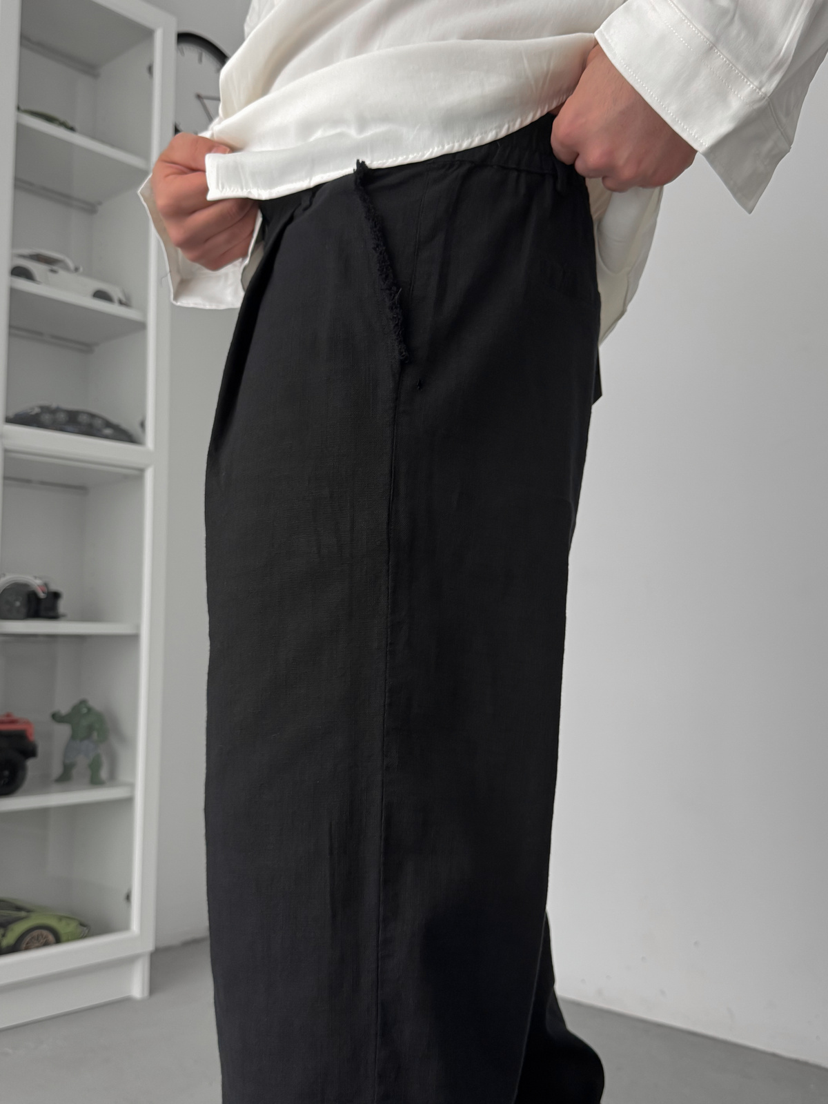 Siyah Kesik Paça Keten Dokulu Baggy Pantolon SW-1566