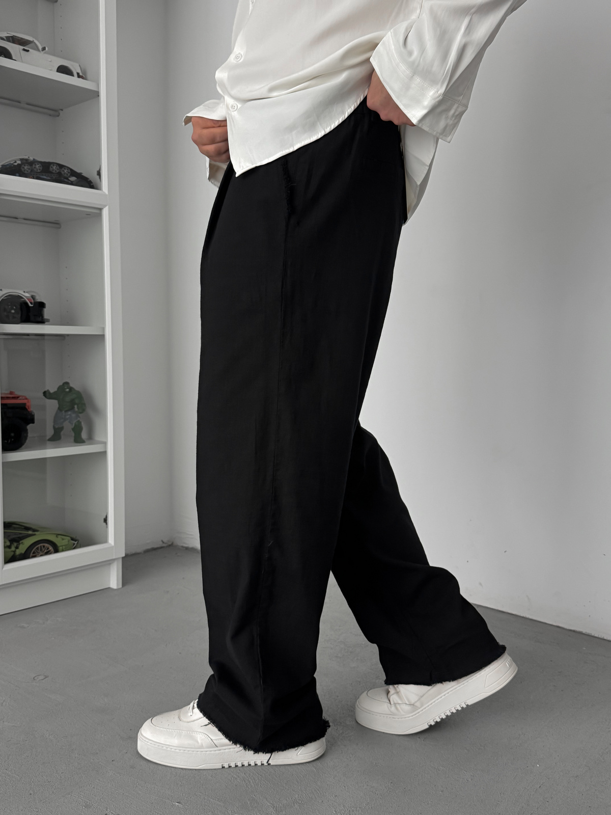 Siyah Kesik Paça Keten Dokulu Baggy Pantolon SW-1566