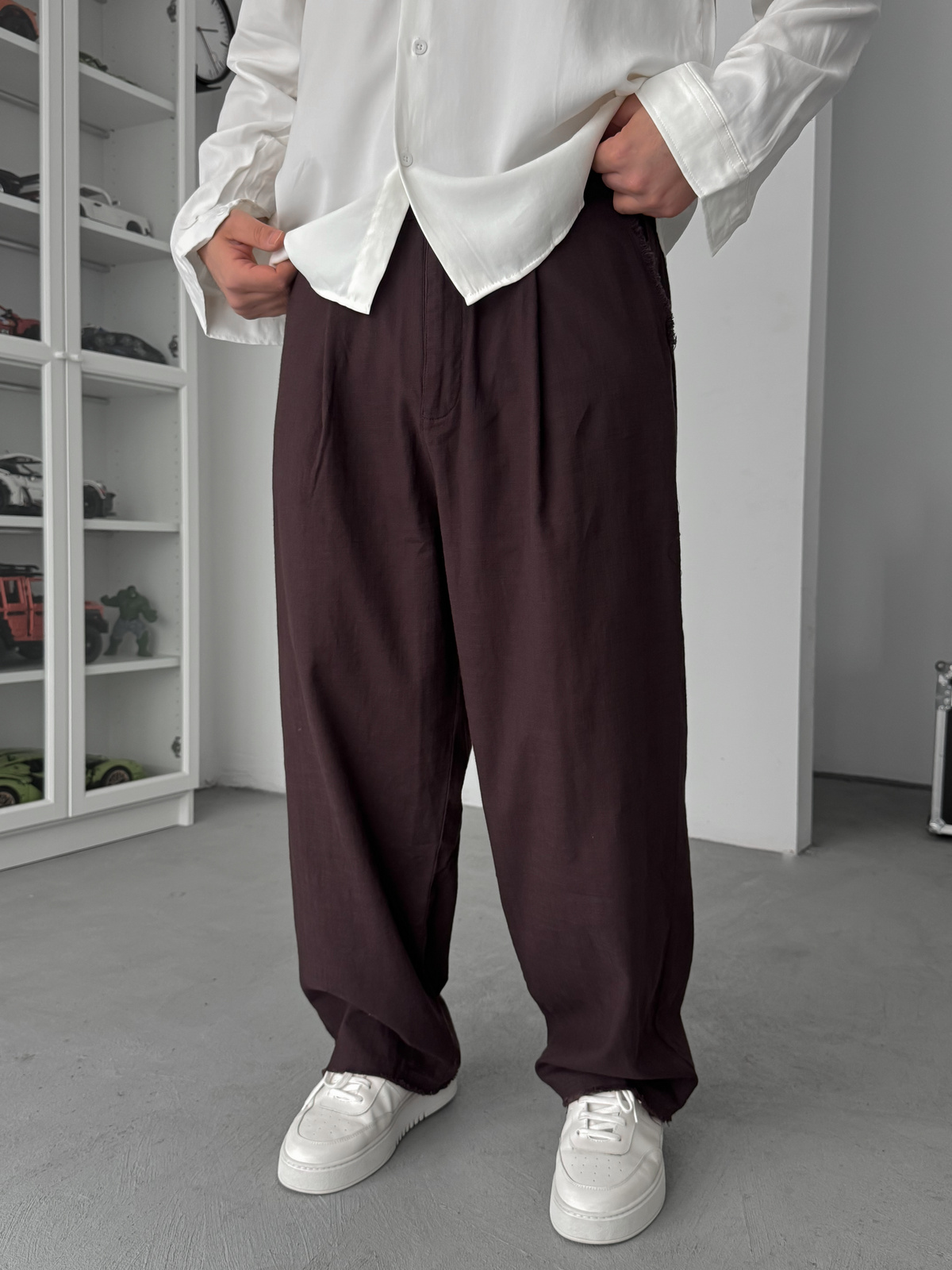 Kahve Kesik Paça Keten Dokulu Baggy Pantolon SW-1566