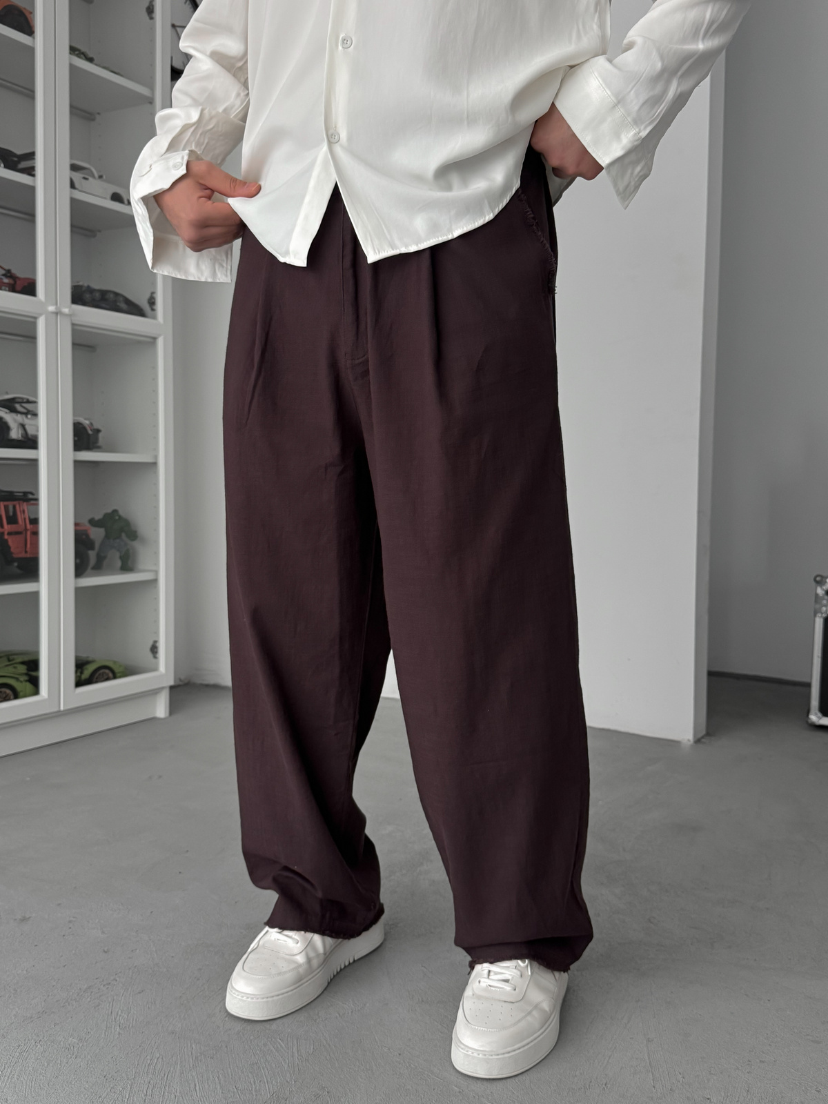 Kahve Kesik Paça Keten Dokulu Baggy Pantolon SW-1566