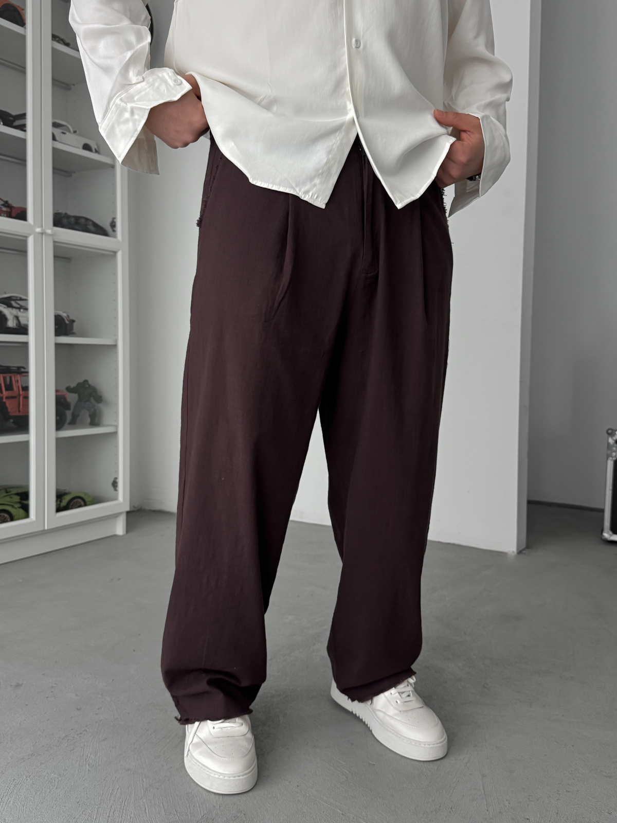 Kahve Kesik Paça Keten Dokulu Baggy Pantolon SW-1566